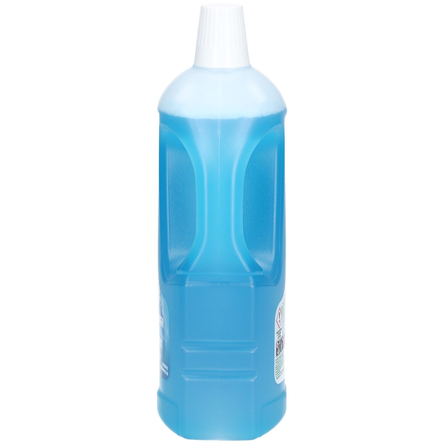 Bouteille de nettoyant bleu avec bouchon blanc. Poignée. Étiquette sur le côté.
