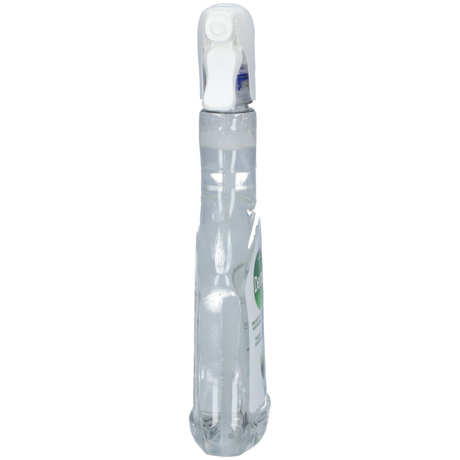 Transparante fles met witte spuitkop, zijaanzicht. Etiket met logo en tekst. Product: Multi-oppervlakken desinfectiemiddel.
