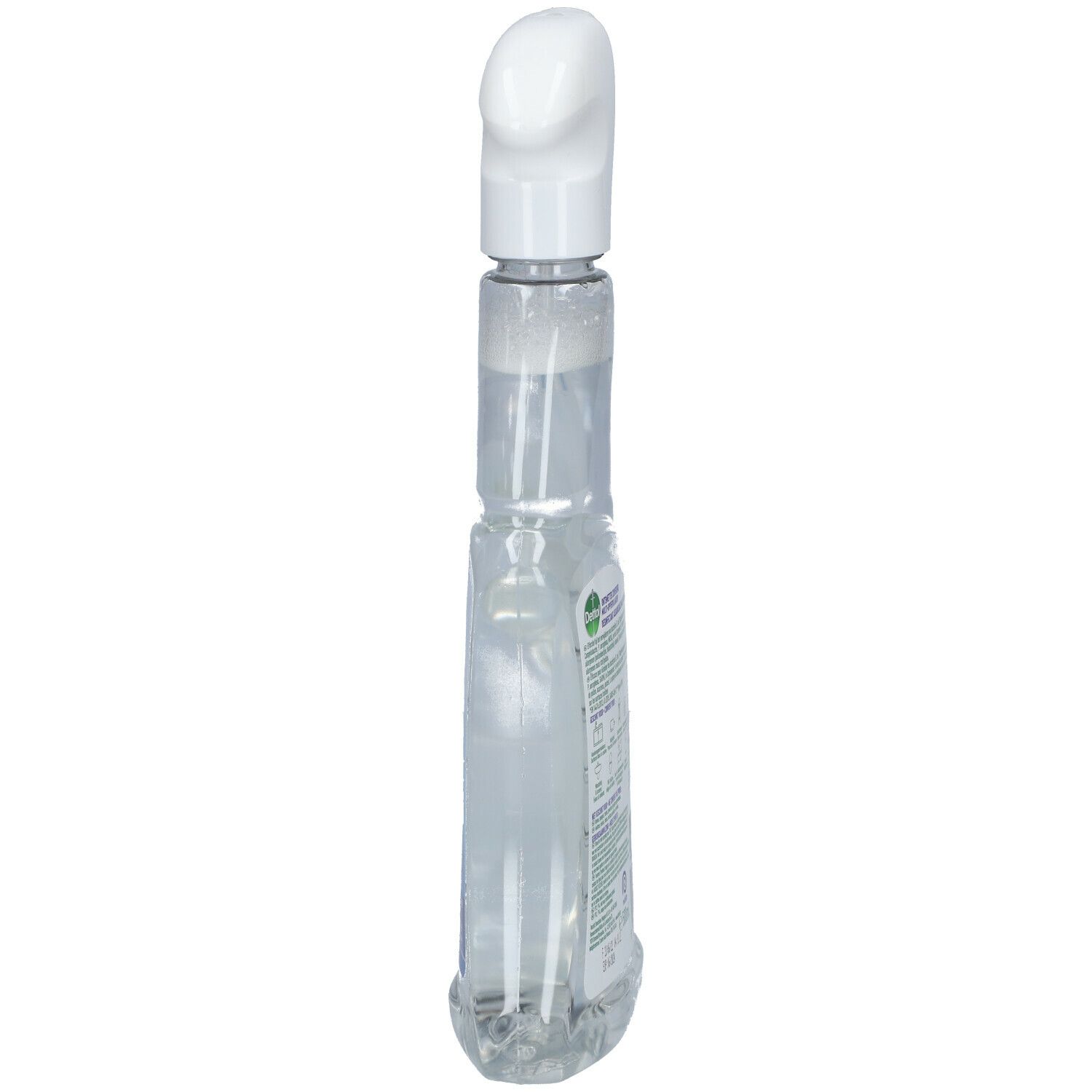 Transparante fles met witte spuitkop, zijaanzicht. Etiket met logo en tekst. Product: Multi-oppervlakken desinfectiemiddel.