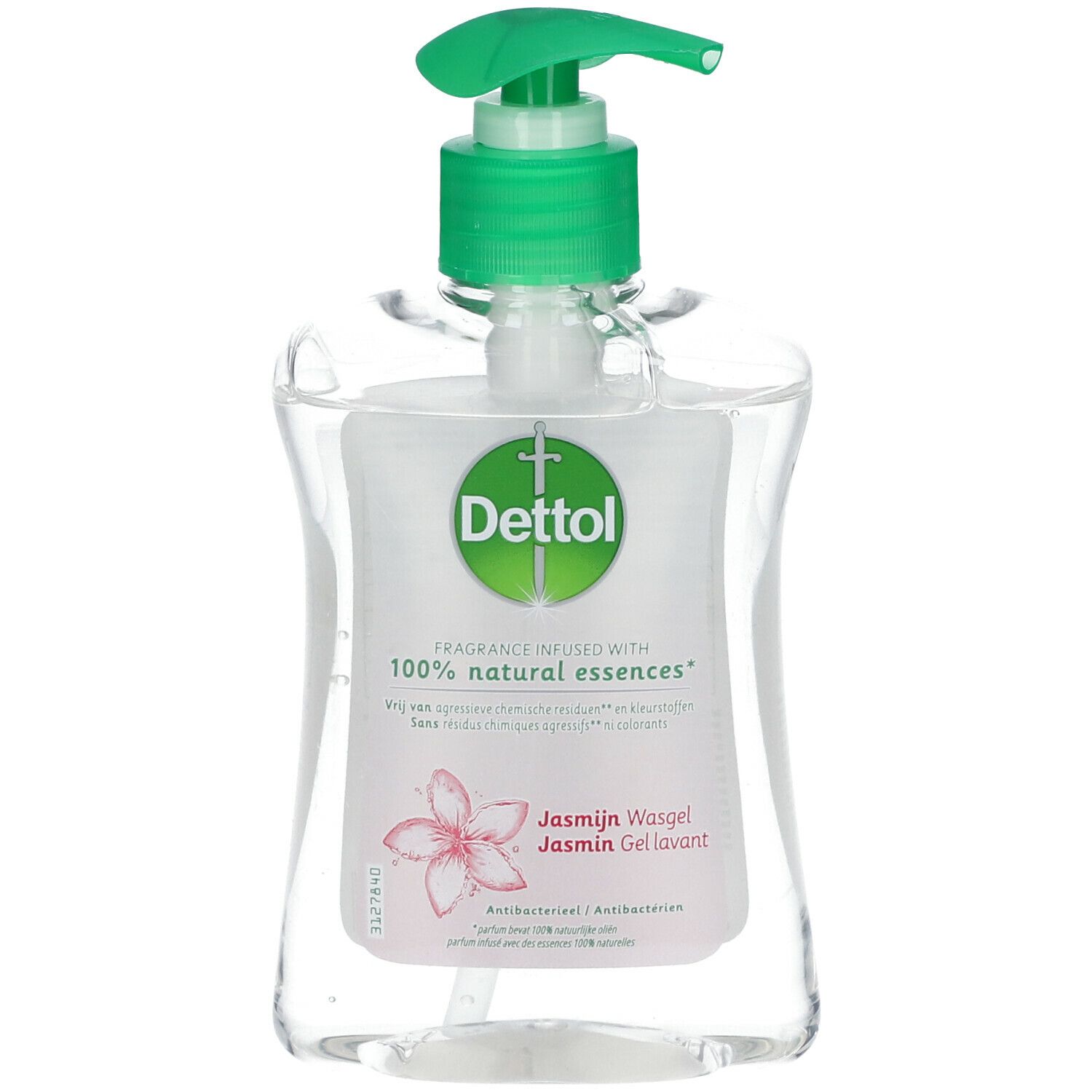 Flacon transparent avec pompe verte. Logo Dettol et indication "Jasmine Wasgel" sur l'étiquette.