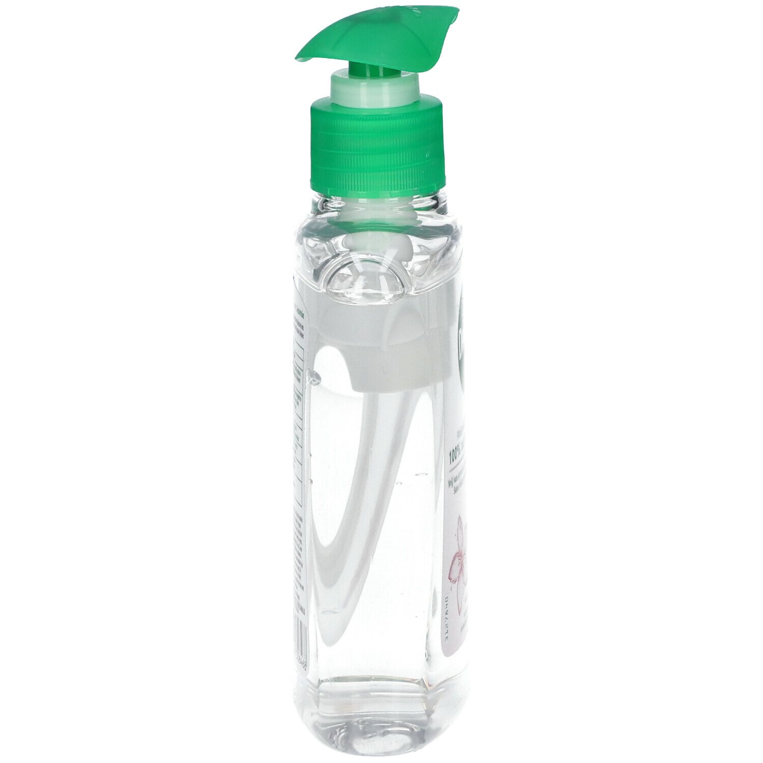 Flacon transparent avec pompe verte, vue latérale. Forme et mécanisme de la pompe visibles.