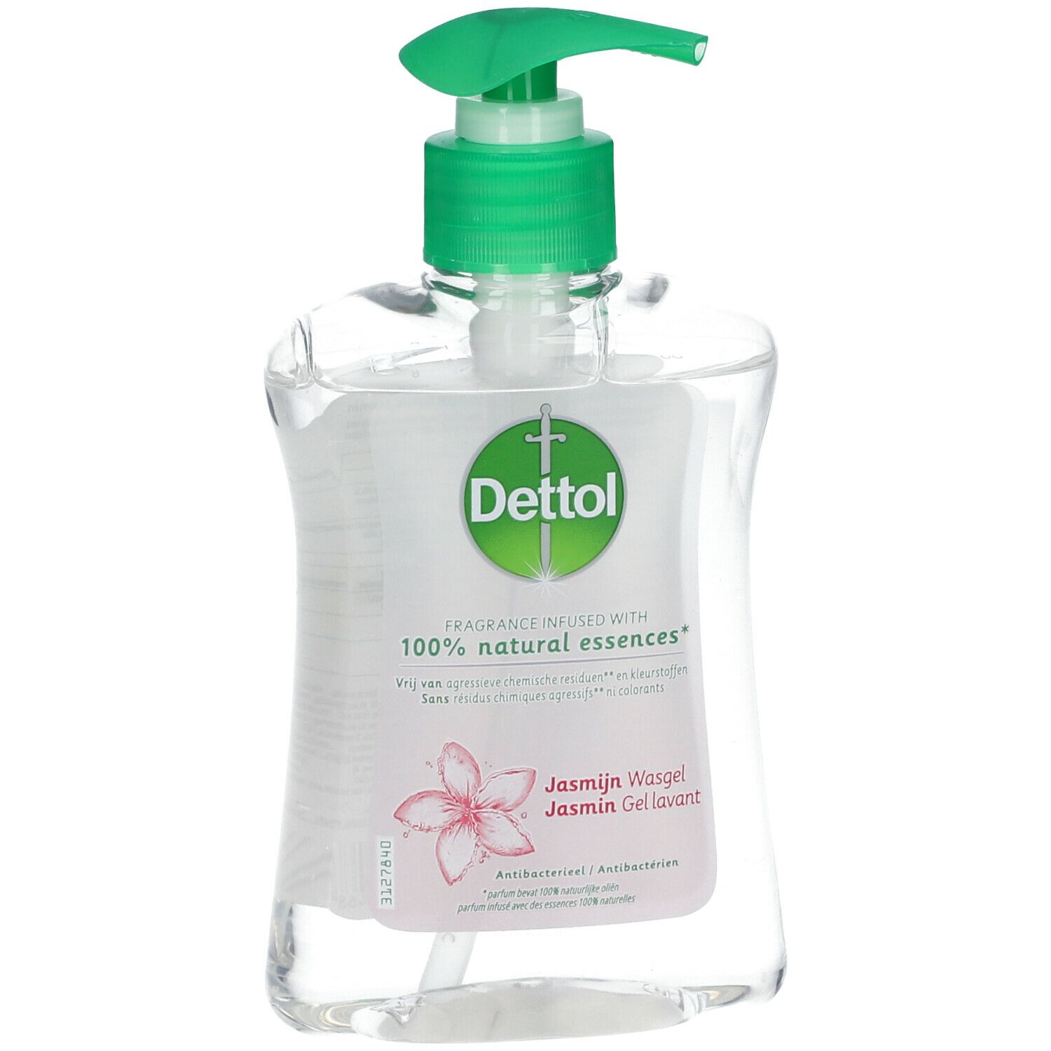 Flacon transparent avec pompe verte. Logo Dettol et indication "Jasmine Wasgel" sur l'étiquette.