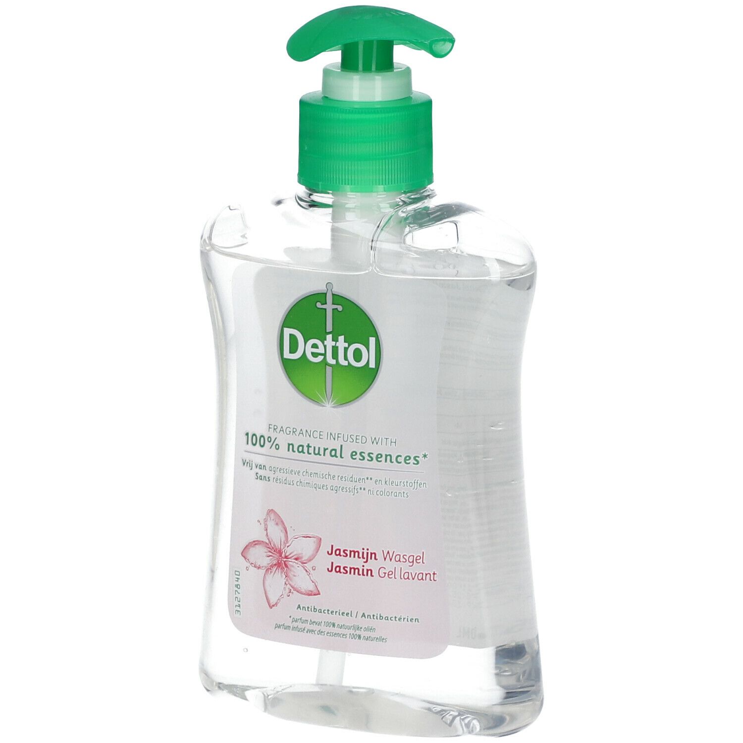 Flacon transparent avec pompe verte. Logo Dettol et indication "Jasmine Wasgel" sur l'étiquette.