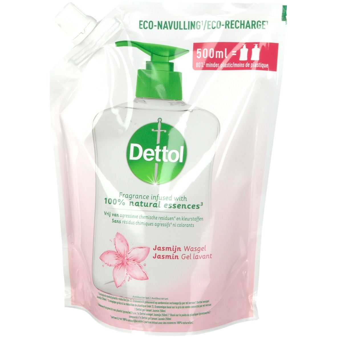 Recharge de savon liquide Dettol Jasmin. Pompe verte, liquide transparent. Impression avec logo, fleur de jasmin et texte.