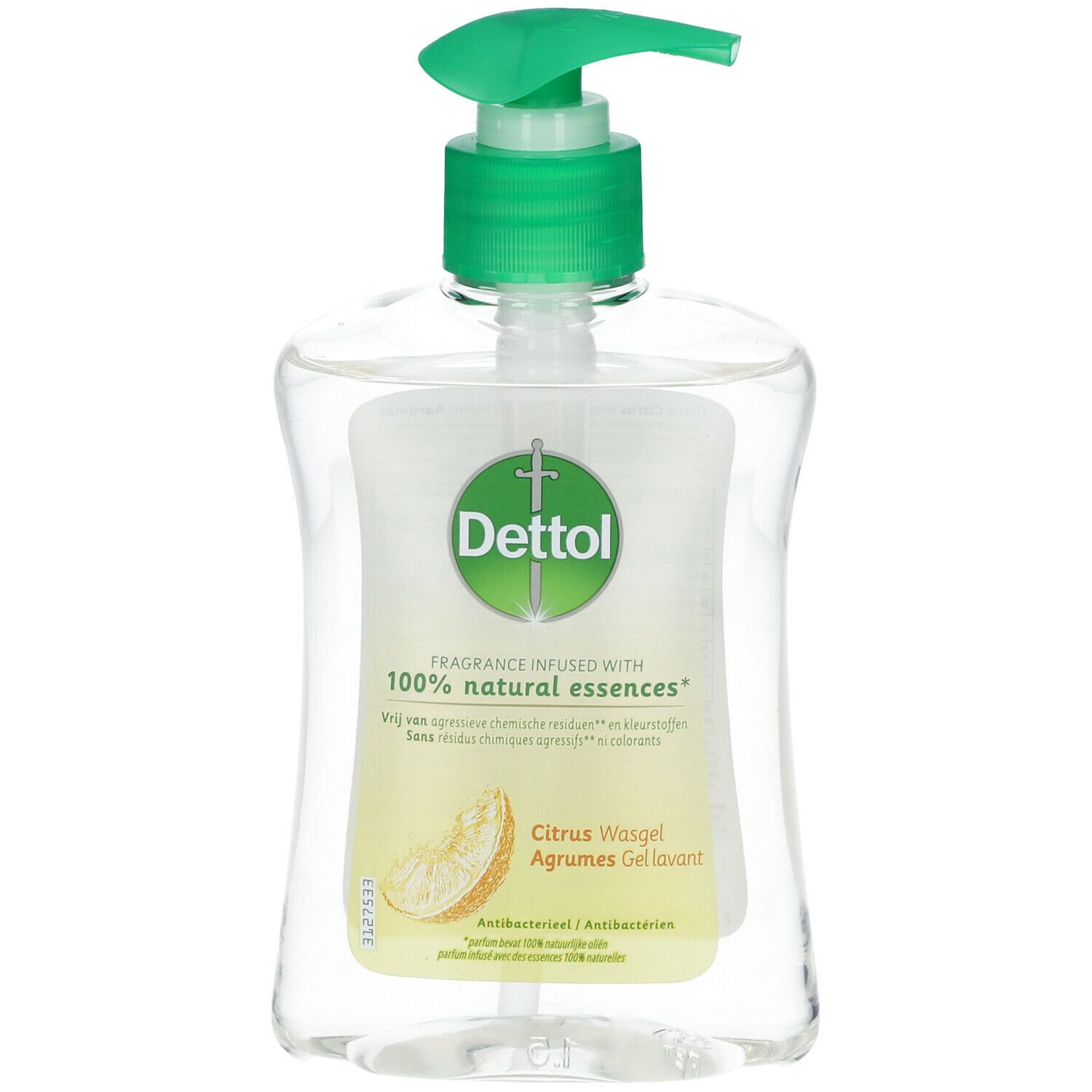 Transparante fles met groene pomp. Etiket met Dettol-logo, productnaam en afbeelding van citrusvruchten.