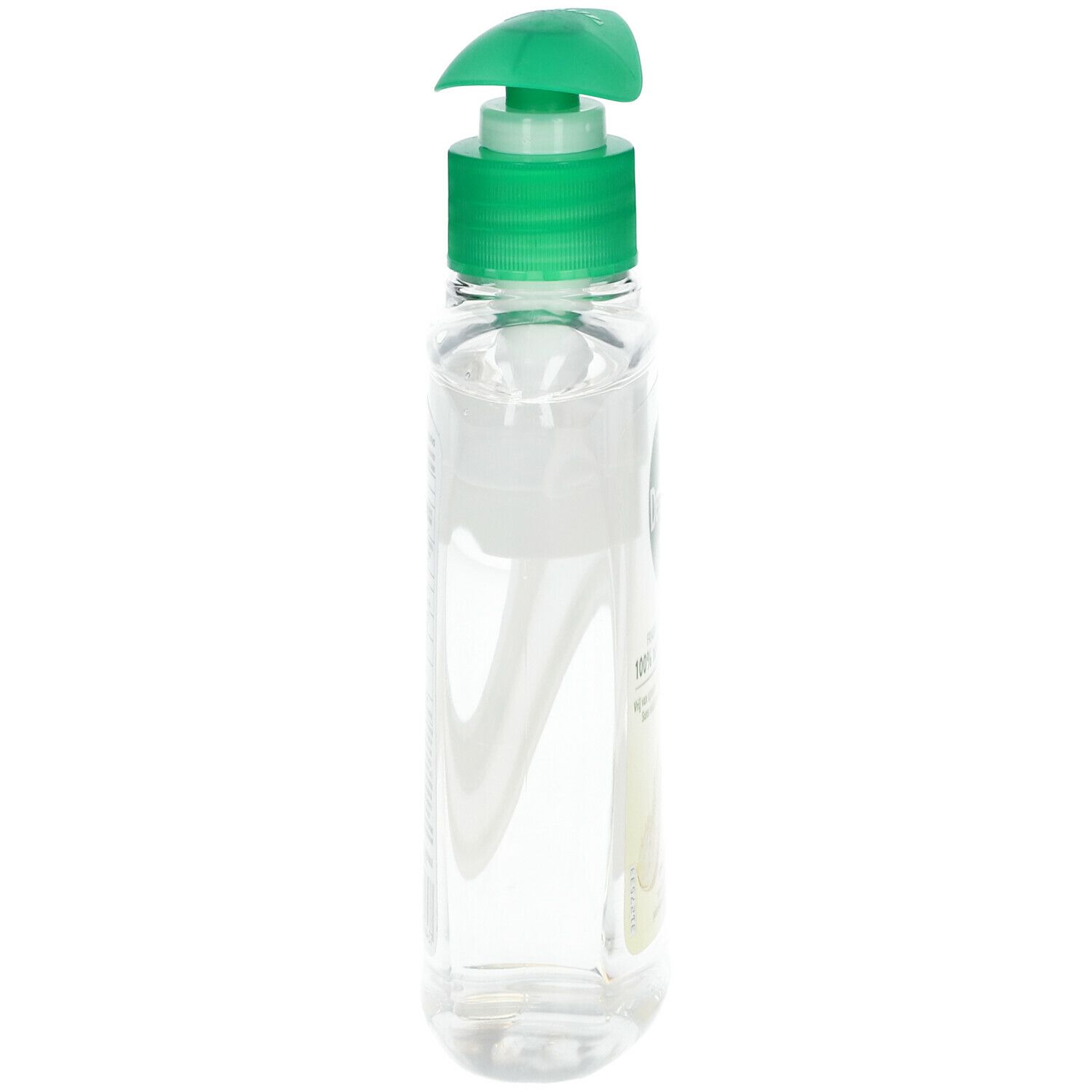 Transparante fles met groene pomp. Zijaanzicht, toont de vorm en het pompmechanisme.