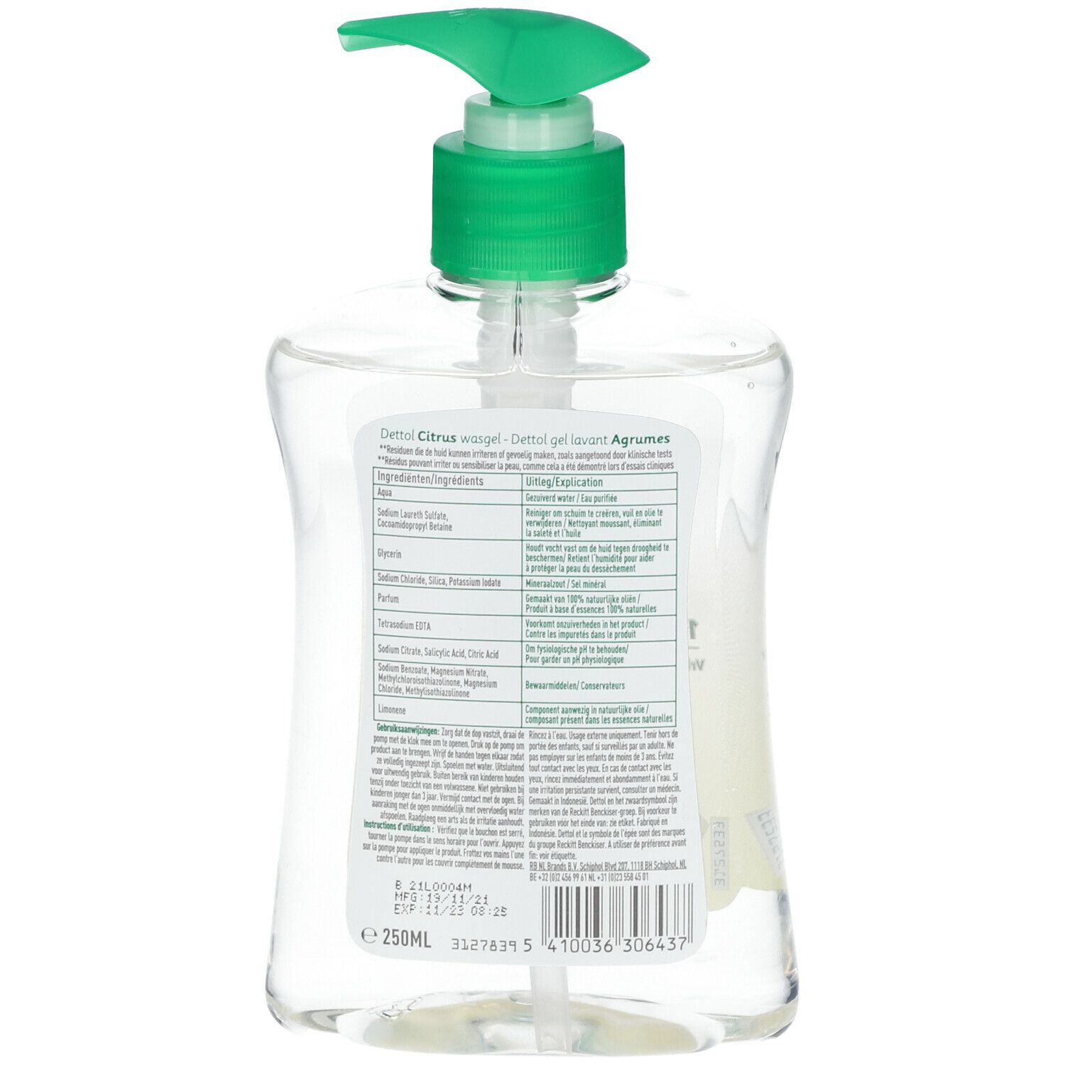 Achterkant van de transparante fles. Etiket met productinformatie, ingrediënten en batchnummer.