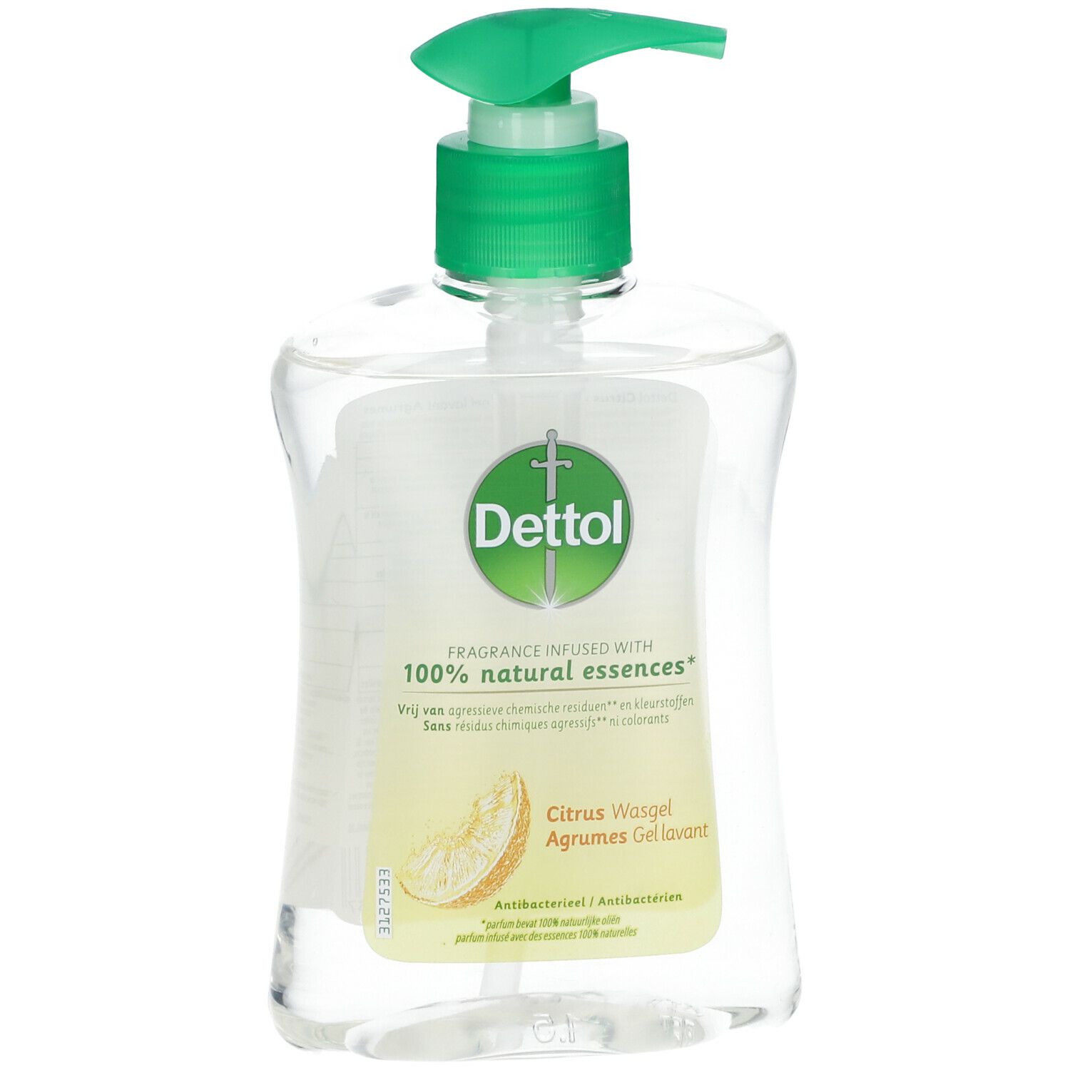 Transparante fles met groene pomp. Etiket met Dettol-logo, productnaam en afbeelding van citrusvruchten.