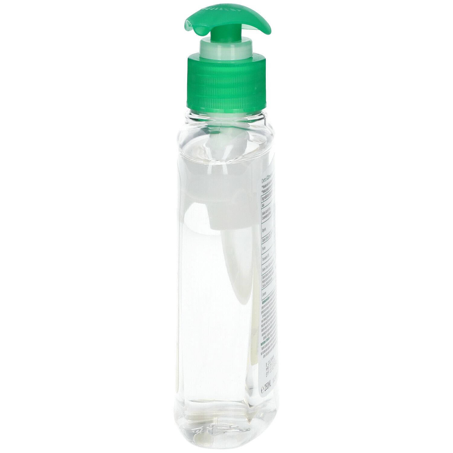 Transparante fles met groene pomp. Zijaanzicht, toont de vorm en het pompmechanisme.
