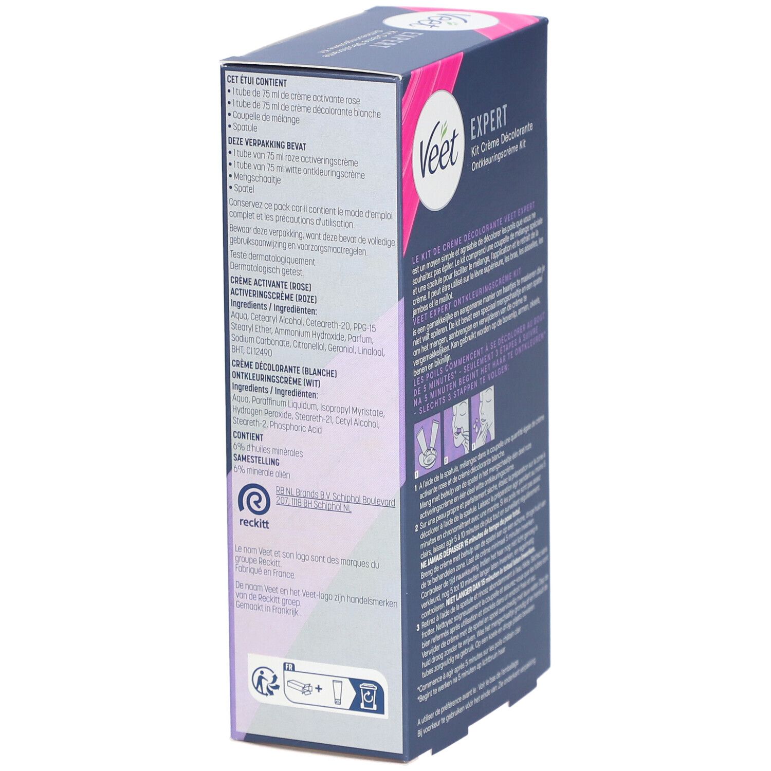 Veet Expert Kit, Seitenansicht der Verpackung mit Inhaltsstoffen und Produktinformationen. Mehrsprachig.