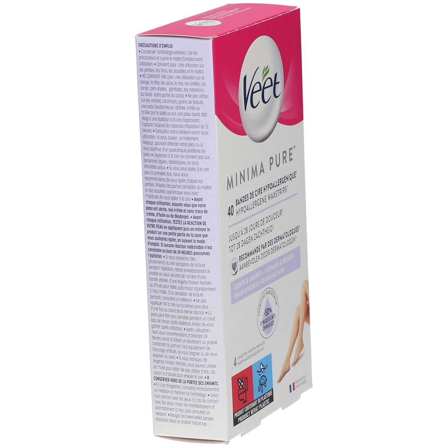 Vue latérale de la boîte Veet MINIMA Pure. Design rose et blanc. Informations textuelles et caractéristiques du produit. Testé dermatologiquement.