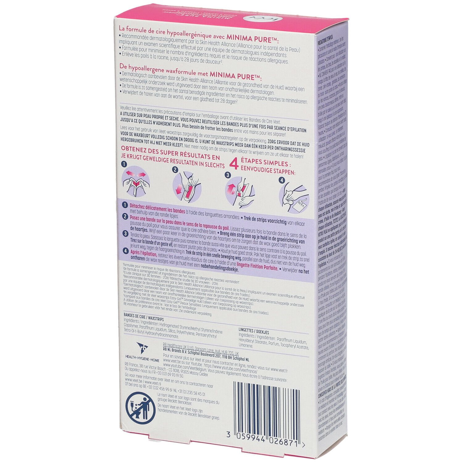 Dos de la boîte Veet MINIMA Pure. Design rose et blanc. Application du produit et ingrédients. Testé dermatologiquement.