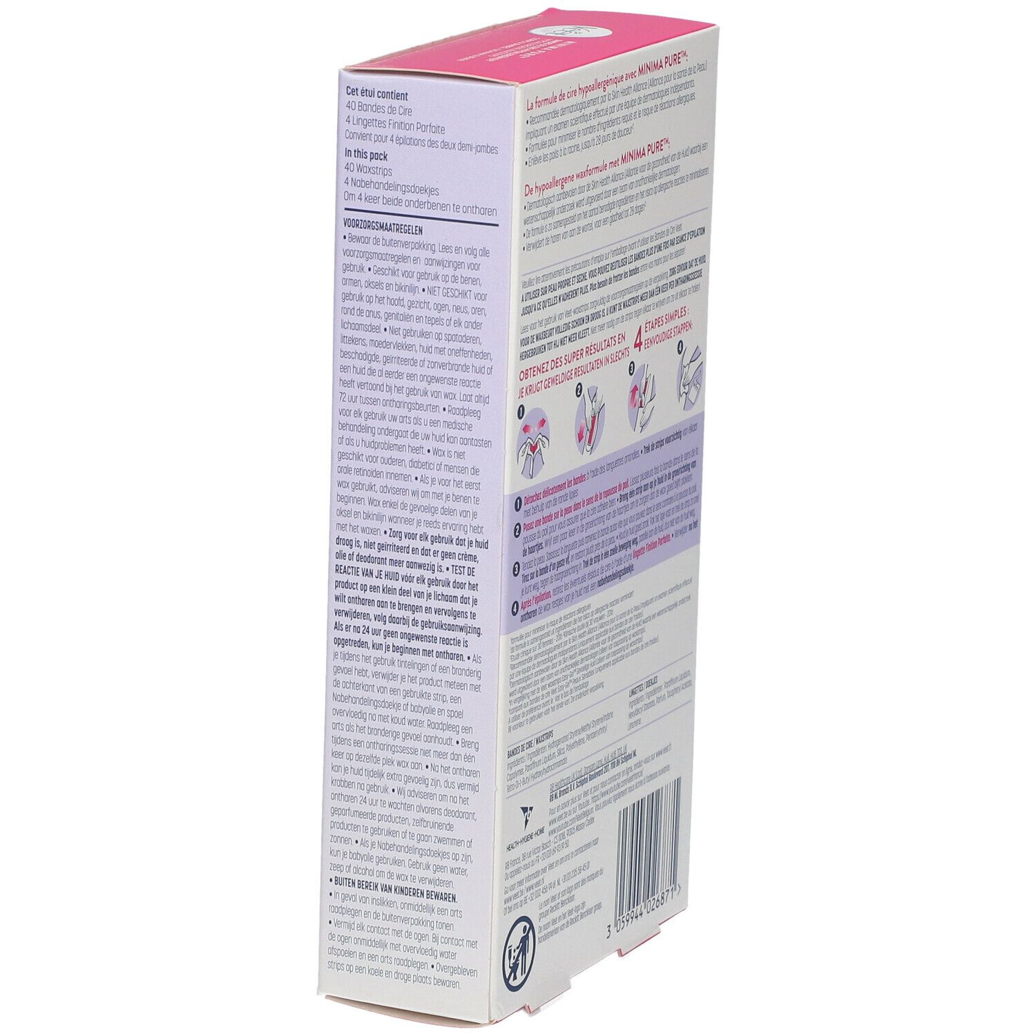 Vue latérale de la boîte Veet MINIMA Pure. Design rose et blanc. Informations textuelles et caractéristiques. Testé dermatologiquement.