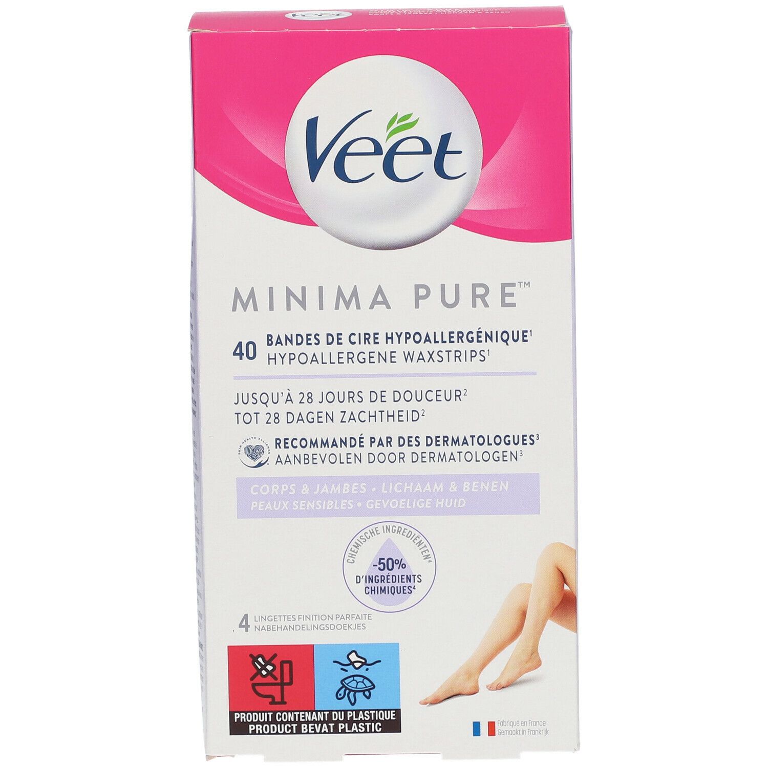 Boîte Veet MINIMA Pure. 40 bandes de cire hypoallergéniques. Pour corps et jambes. Design rose et blanc. Testé dermatologiquement.