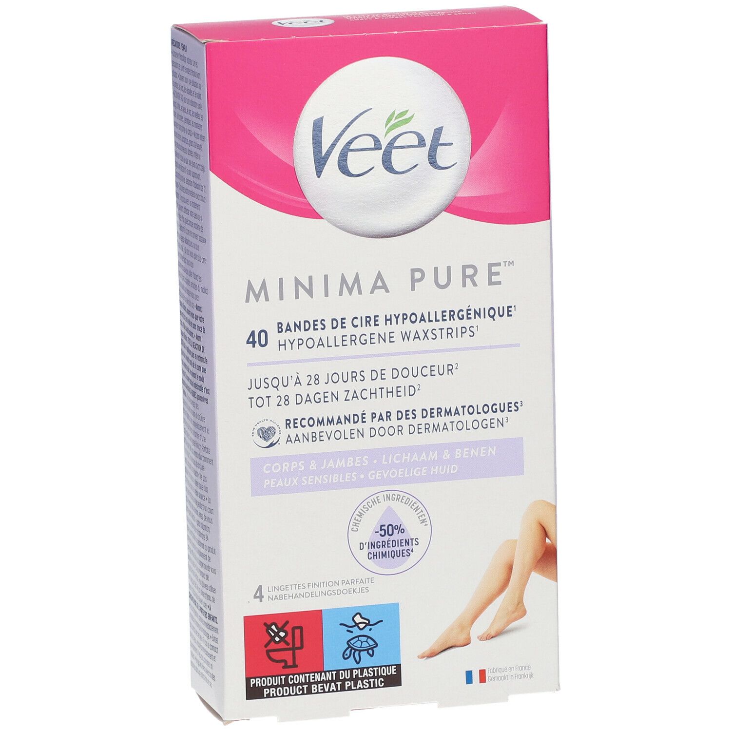 Boîte Veet MINIMA Pure. 40 bandes de cire hypoallergéniques. Pour corps et jambes. Design rose et blanc. Testé dermatologiquement.