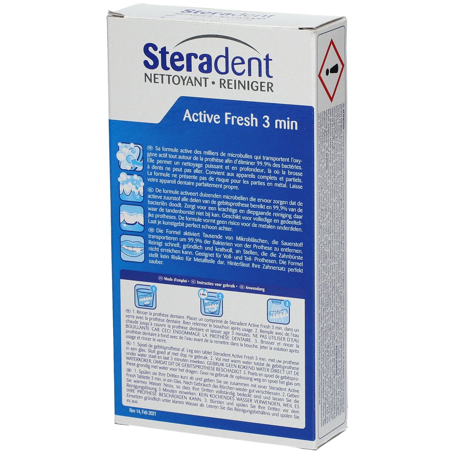 Rückseite der Schachtel 'Steradent Active Fresh'. Text in mehreren Sprachen. Abbildungen.