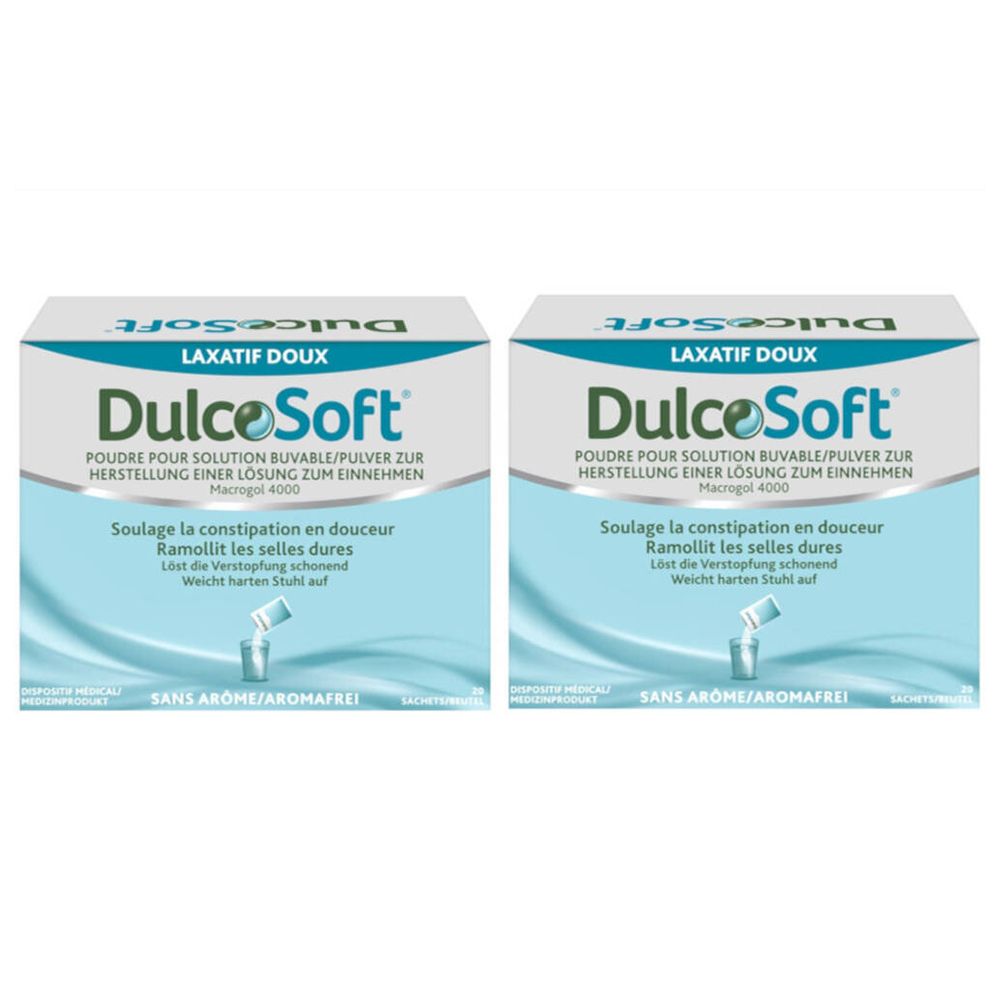 Deux boîtes de DulcoSoft Poudre. Emballage bleu et blanc avec nom et texte du produit.