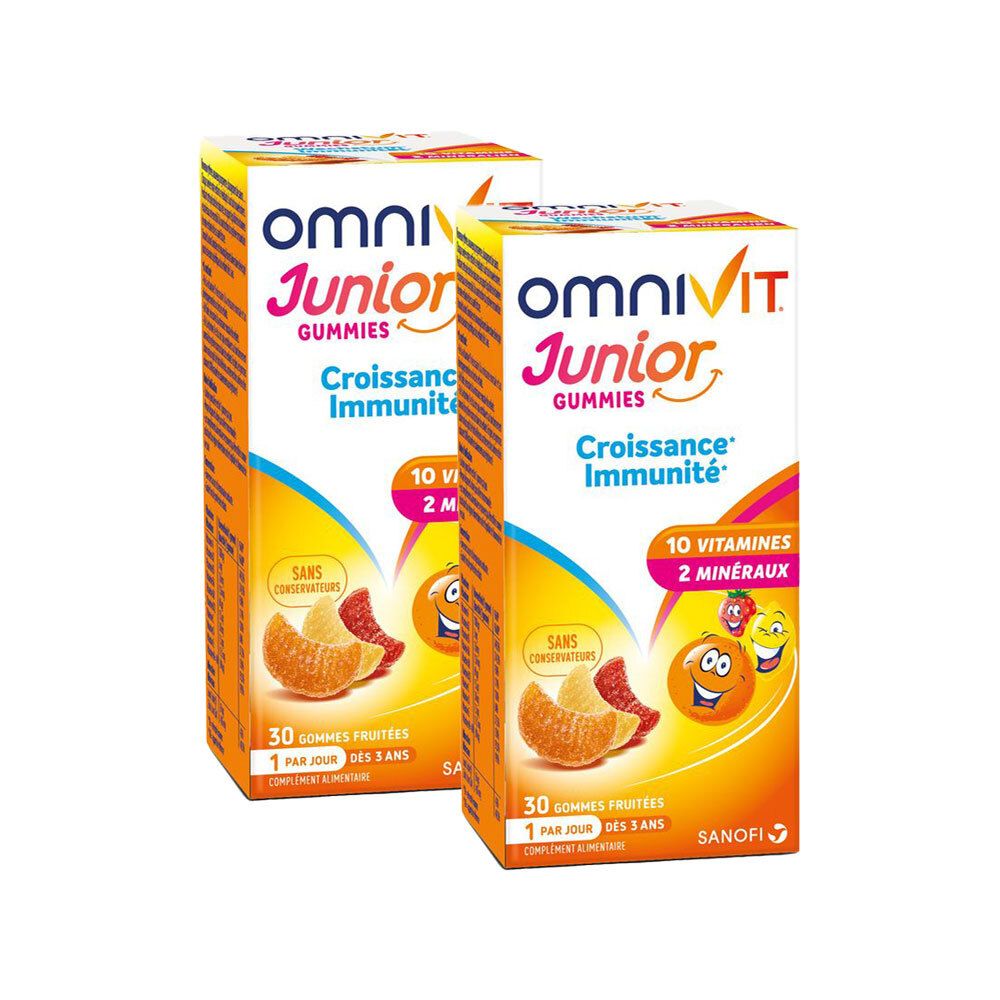 Deux boîtes Omnivit Junior Gummies. Inscription: 10 vitamines, 2 minéraux. Gommes aux fruits. 30 pièces. Logo Sanofi.