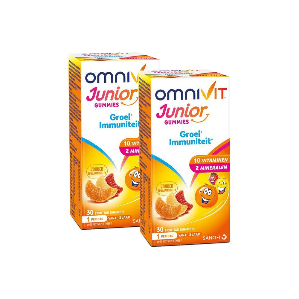 Twee dozen Omnivit Junior Gummies. Opschrift: 10 vitaminen, 2 mineralen. Fruitgummies. 30 stuks. Sanofi logo.