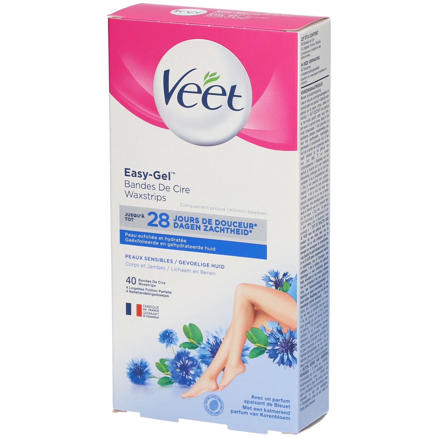 Veet Easy-Gel Kaltwachsstreifen für Körper & Beine. Verpackung mit Produktabbildung und Text. 40 Streifen, für empfindliche Haut.
