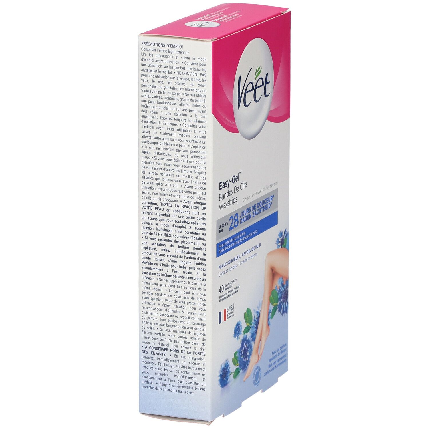 Veet Easy-Gel Kaltwachsstreifen-Verpackung, Seitenansicht. Rosa-weiße Box mit Produktnamen und Text. Für empfindliche Haut.