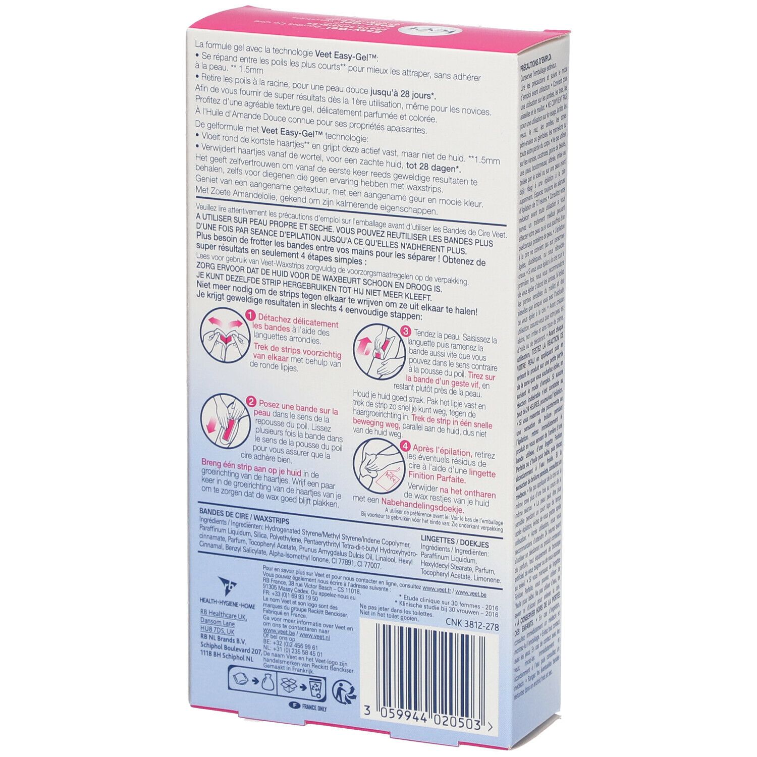 Rückseite der Veet Easy-Gel Kaltwachsstreifen-Verpackung. Text und Illustrationen. Anwendungshinweise und Inhaltsstoffe.