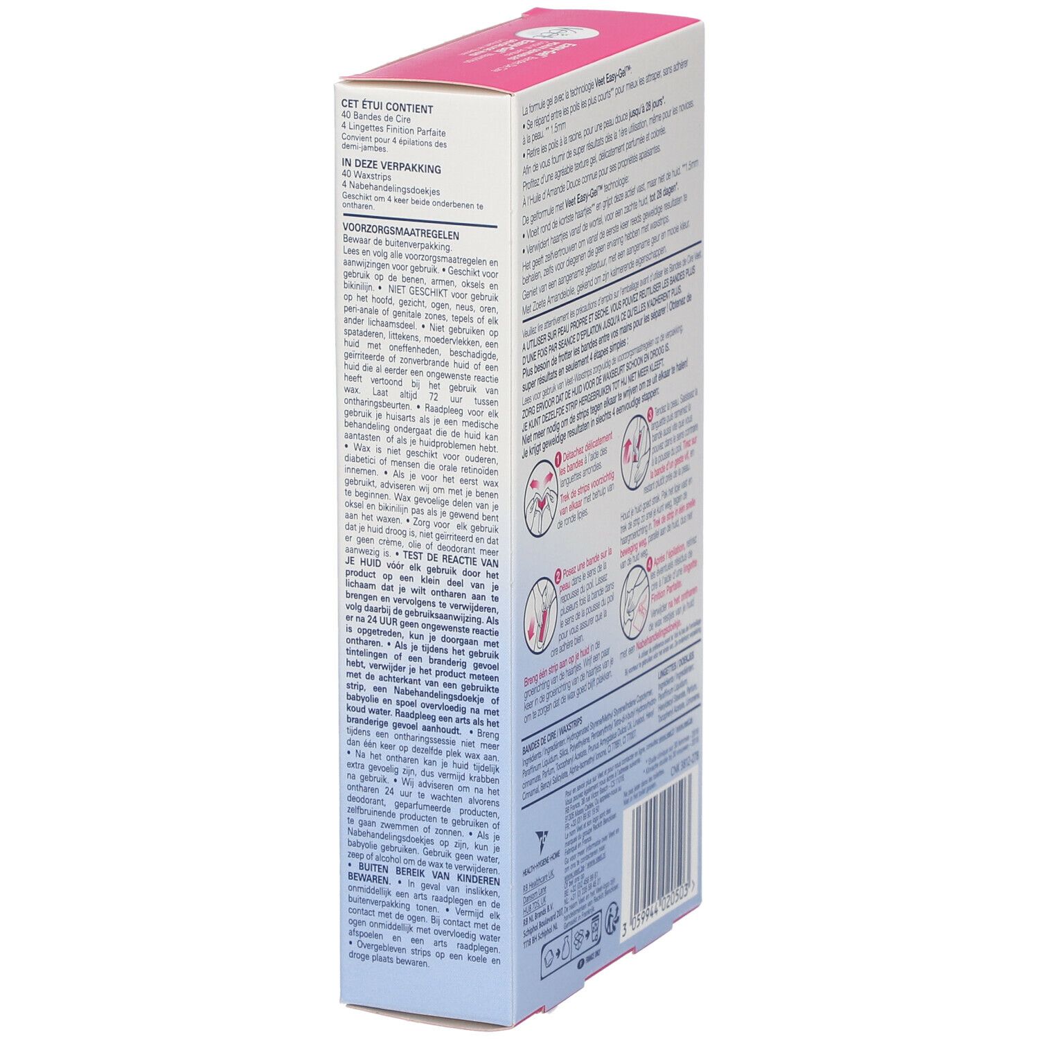 Veet Easy-Gel Kaltwachsstreifen-Verpackung, Seitenansicht. Text und Illustrationen. Anwendungshinweise und Inhaltsstoffe.