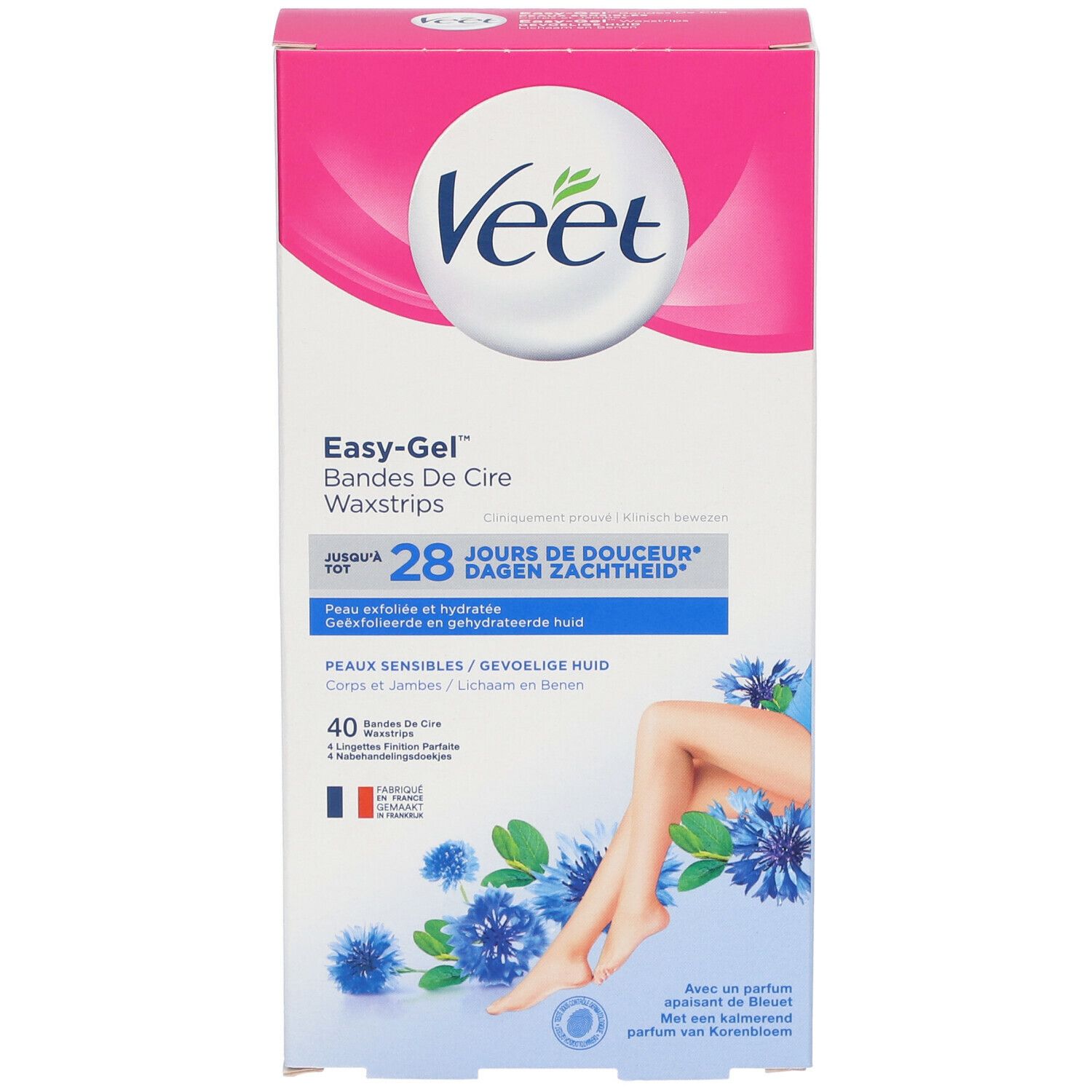 Veet Easy-Gel Kaltwachsstreifen für Körper & Beine. Verpackung mit Produktabbildung und Text. 40 Streifen, für empfindliche Haut.