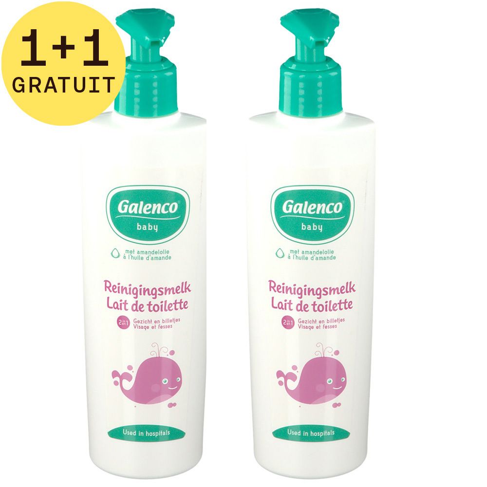Deux flacons de lait nettoyant avec bouchon pompe vert. Inscription: Galenco baby, Reinigingsmelk, Lait de toilette. Avec étiquette 1+1 gratuit.