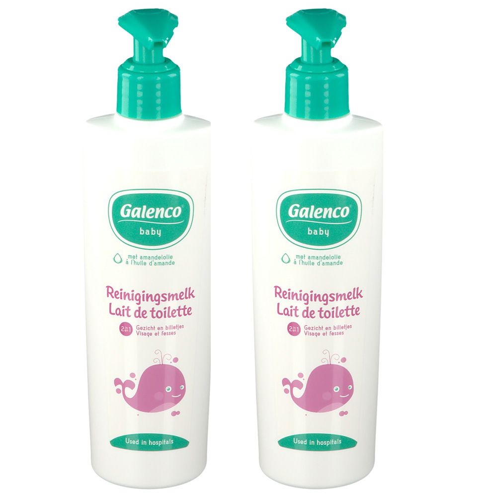 Deux flacons de lait nettoyant avec bouchon pompe vert. Inscription: Galenco baby, Reinigingsmelk, Lait de toilette.
