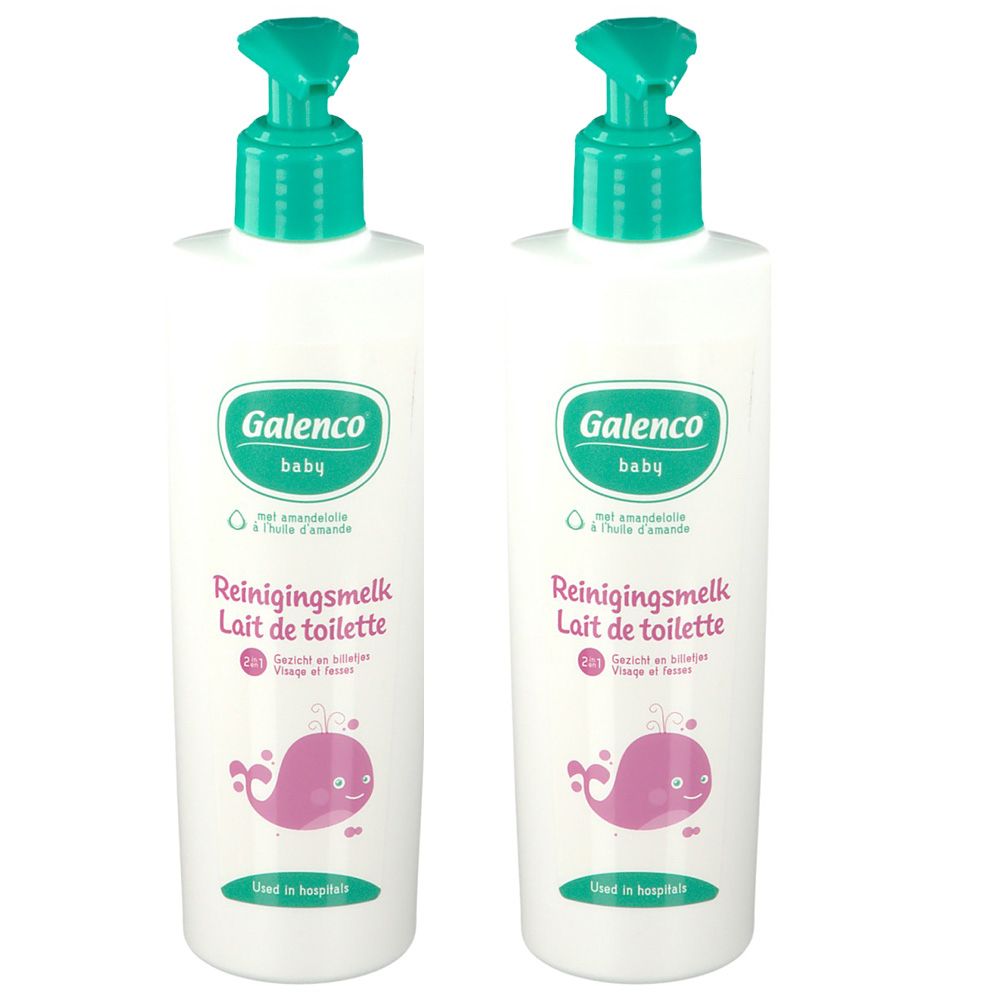 Deux flacons de lait nettoyant avec bouchon pompe vert. Inscription: Galenco baby, Reinigingsmelk, Lait de toilette.