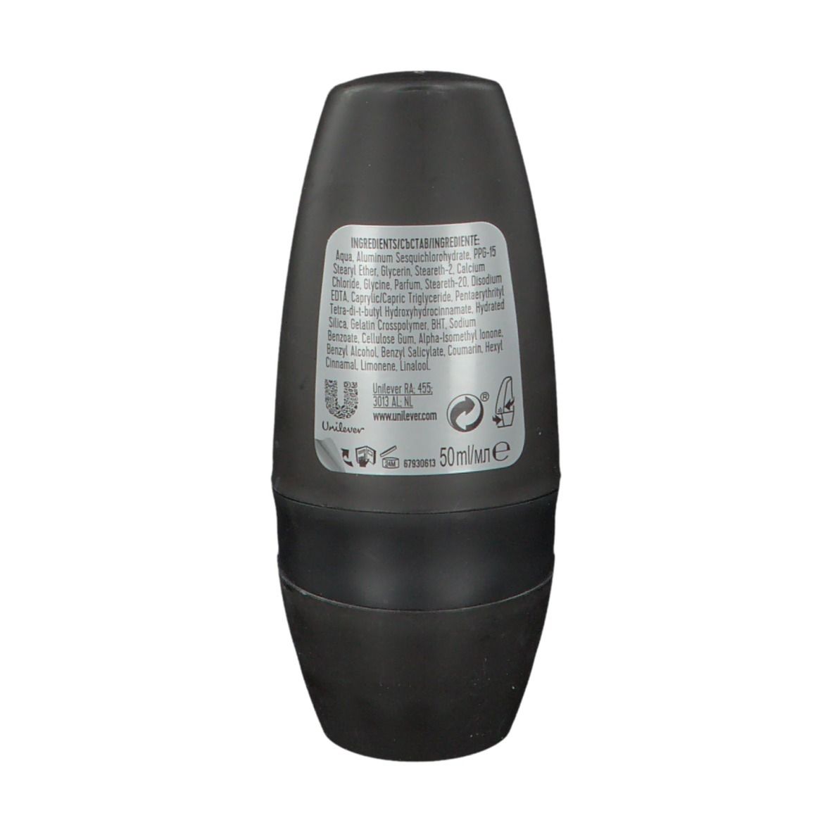 Achterkant van de zwarte roll-on deodorantfles. Bevat ingrediënten, fabrikantinfo en volume-aanduiding: 50ml.