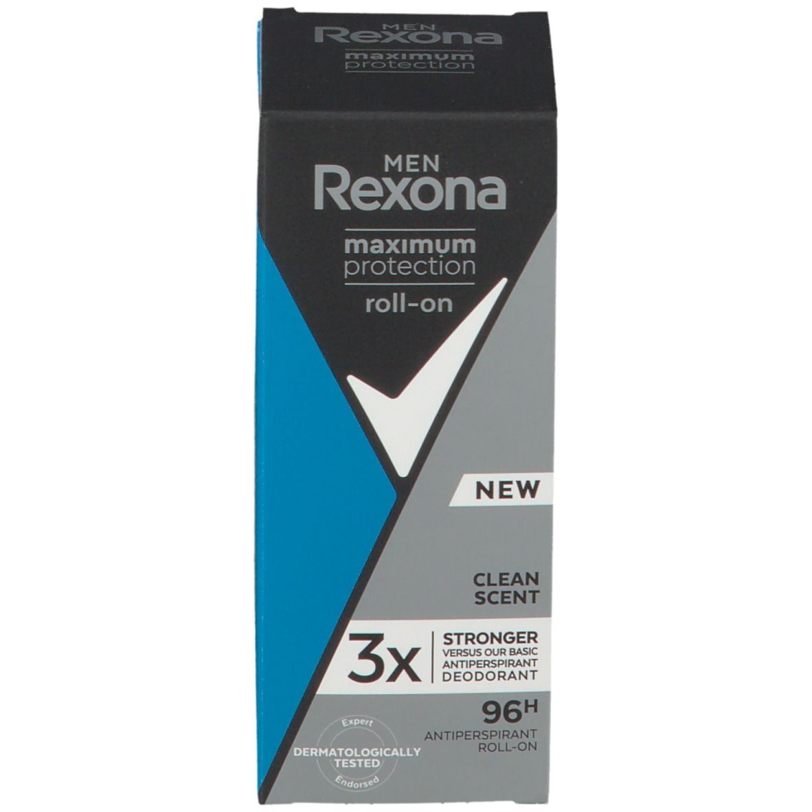 Verpakking voor roll-on deodorant. Merk Rexona MEN, maximale bescherming. "Clean Scent", "3x" en "96H" op de voorkant.
