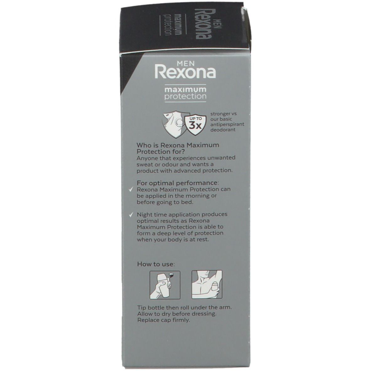Achterkant van de verpakking voor roll-on deodorant. Informatie over gebruik en doelgroep. Illustraties en tekst.
