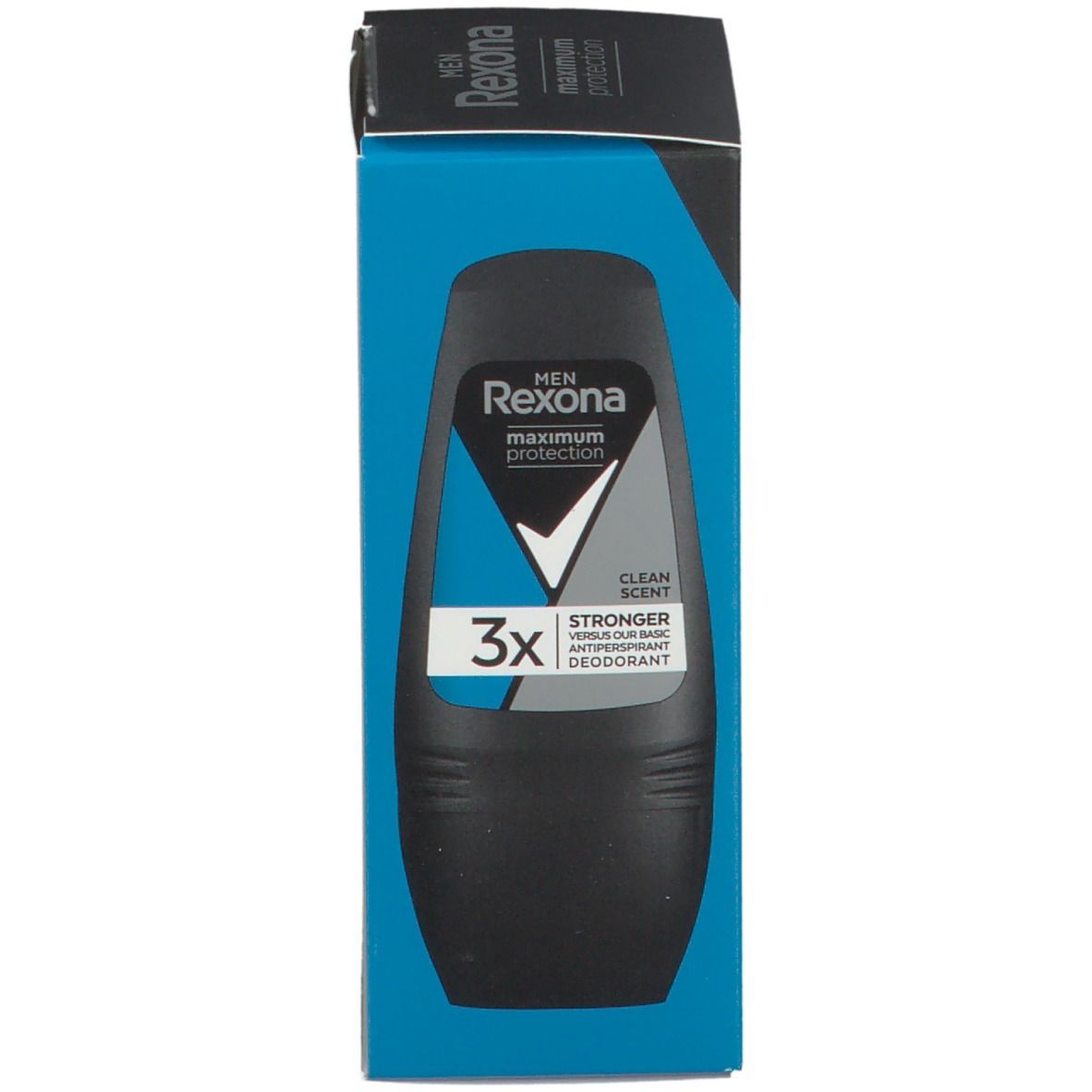 Roll-on deodorant in de verpakking. Merk Rexona MEN, maximale bescherming. "Clean Scent" en "3x" op de voorkant.
