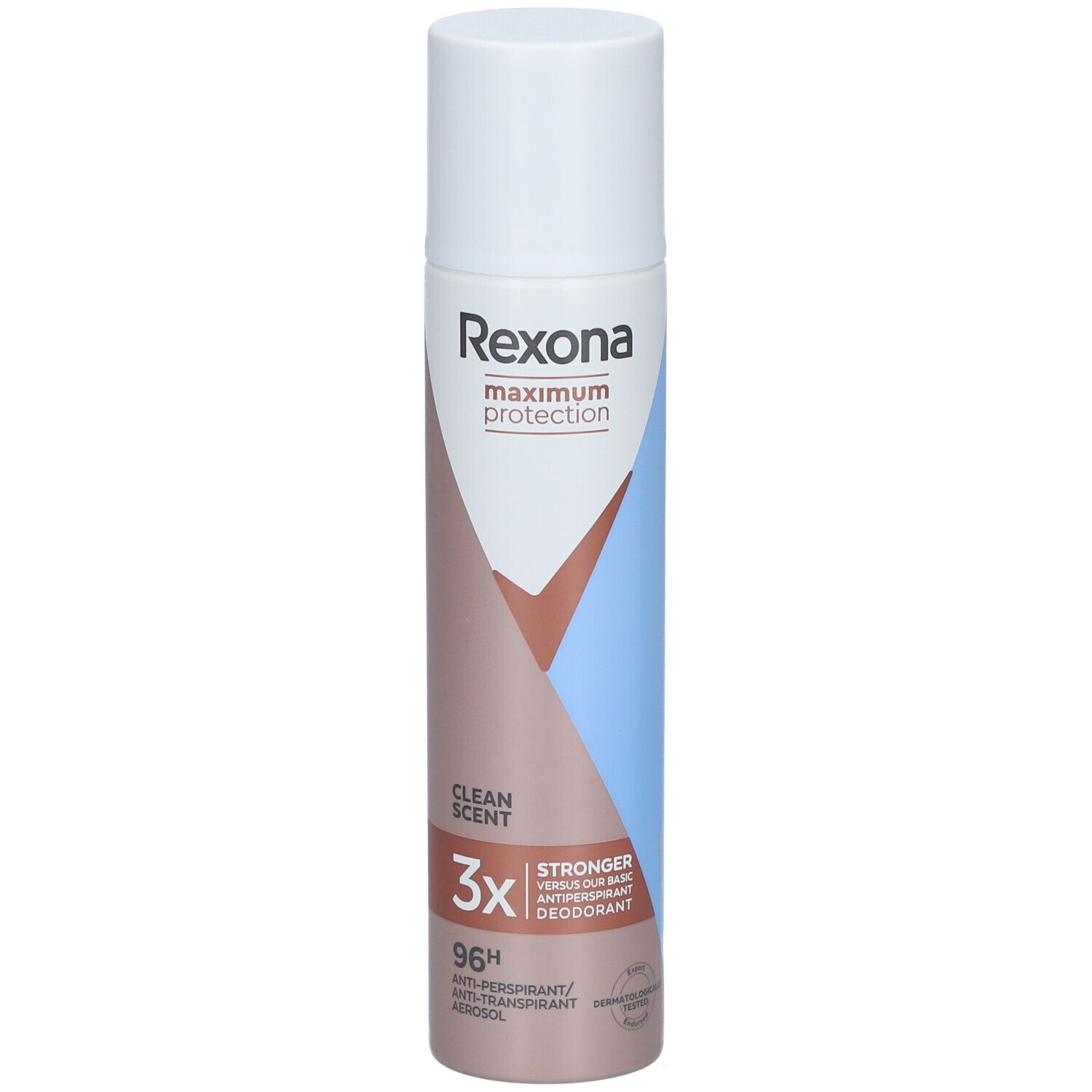 Rexona maximum protection Clean Scent. Déodorant en spray. Capuchon blanc, design marron et bleu. Texte : 3X, 96H, anti-transpirant.