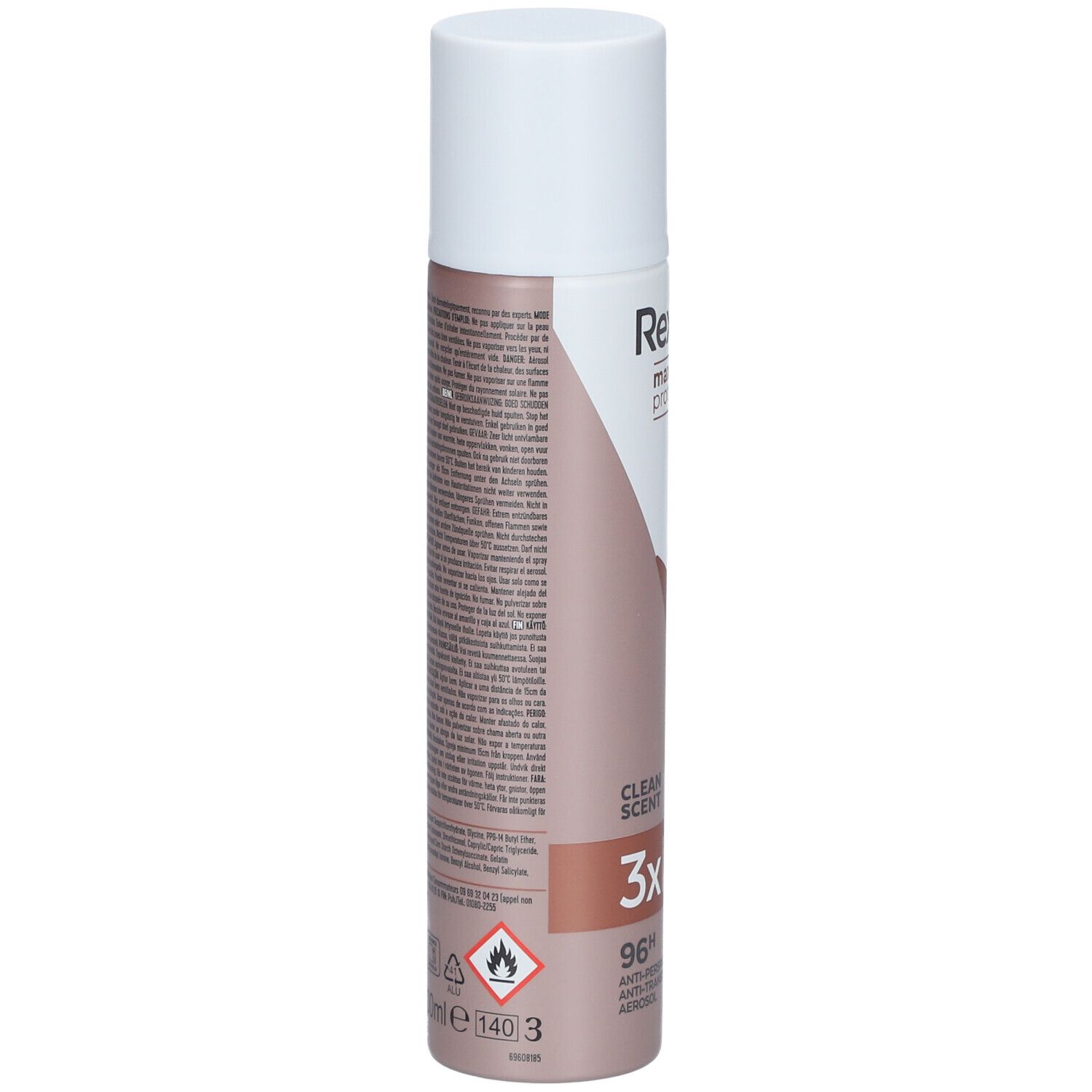 Rexona maximum protection Clean Scent. Déodorant spray. Dos avec texte. Avertissements et ingrédients. 140ml.