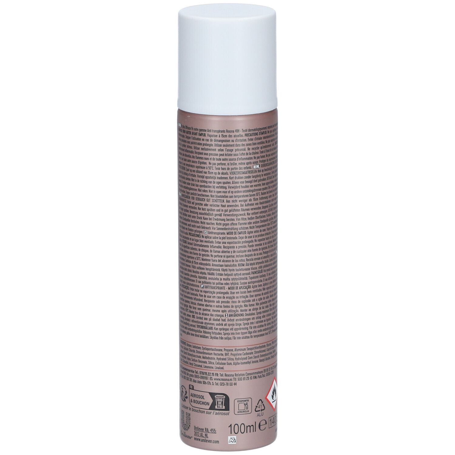 Rexona maximum protection Clean Scent. Déodorant spray. Dos avec texte. Ingrédients et avertissements. 100ml.