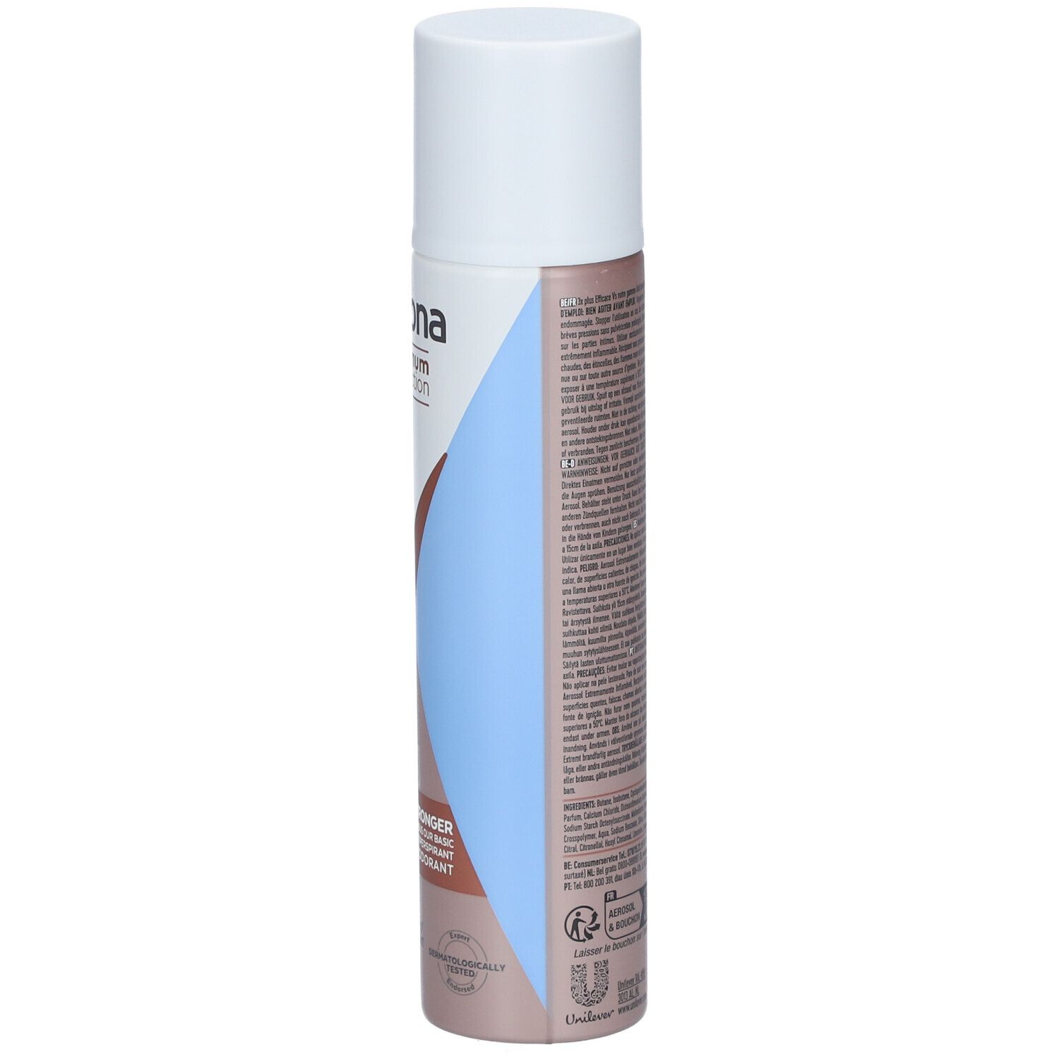 Rexona maximum protection Clean Scent. Déodorant spray. Côté avec design marron et bleu. Texte : 3X, 96H, anti-transpirant.