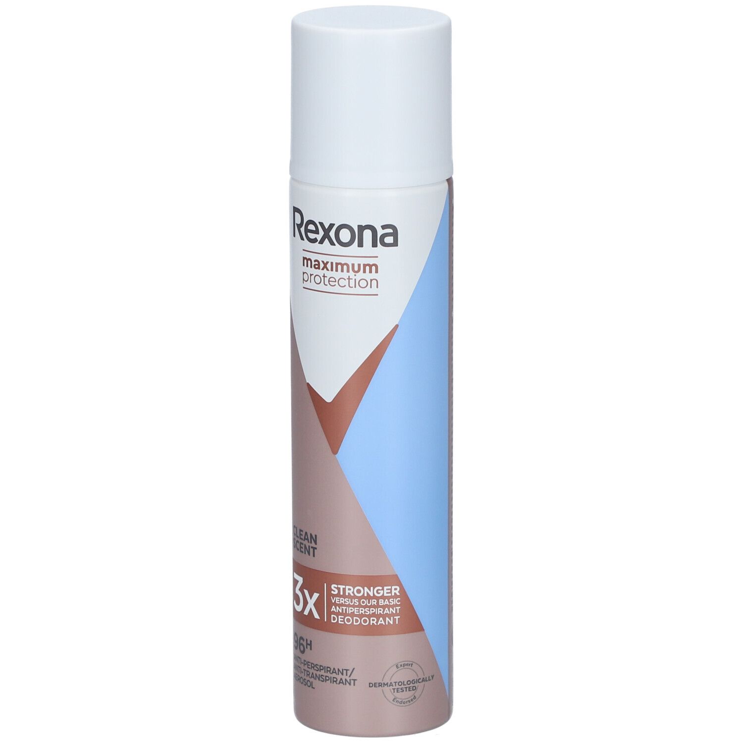 Rexona maximum protection Clean Scent. Déodorant spray. Capuchon blanc, design marron et bleu. Texte : 3X, 96H, anti-transpirant.