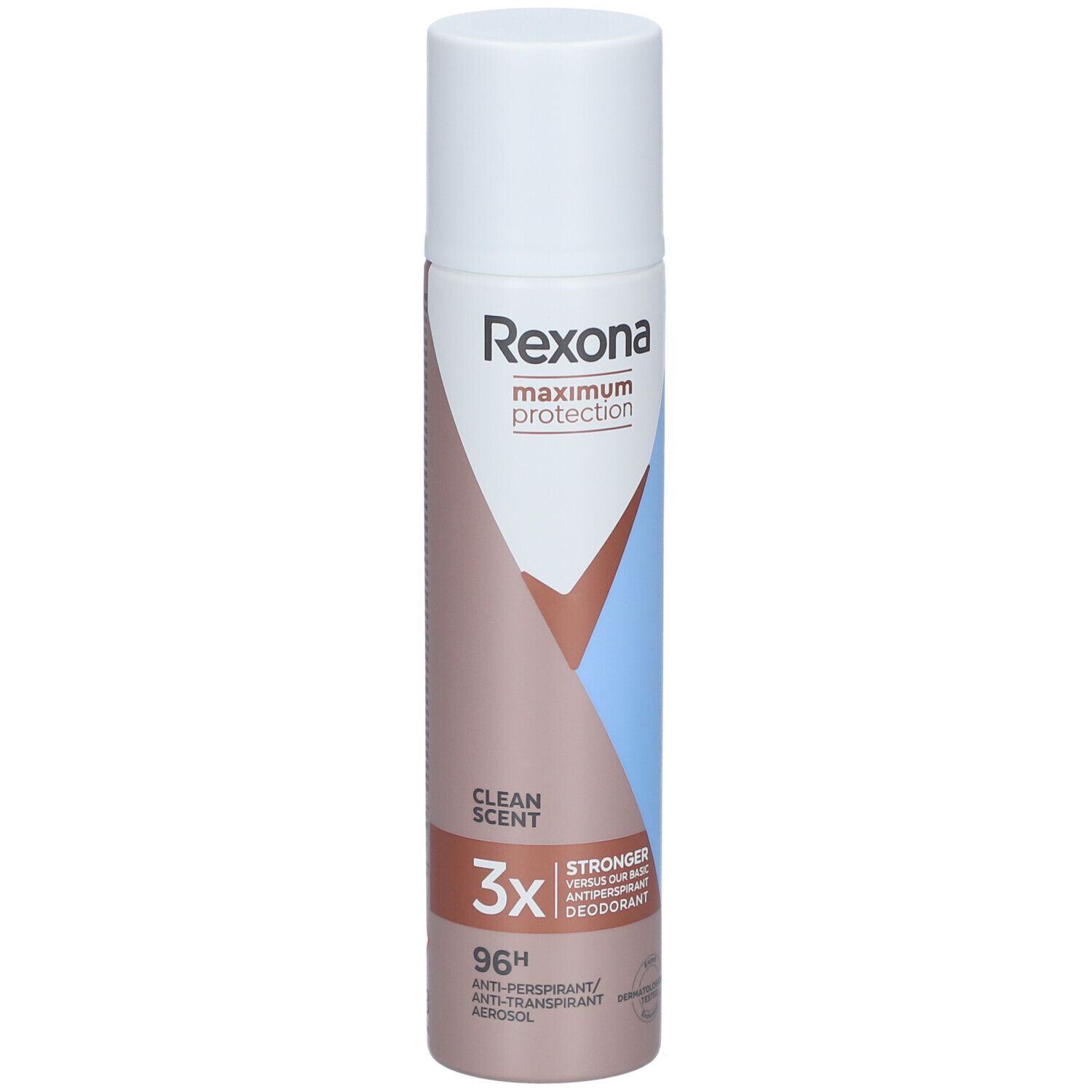 Rexona maximum protection Clean Scent. Déodorant spray. Capuchon blanc, design marron et bleu. Texte : 3X, 96H, anti-transpirant.
