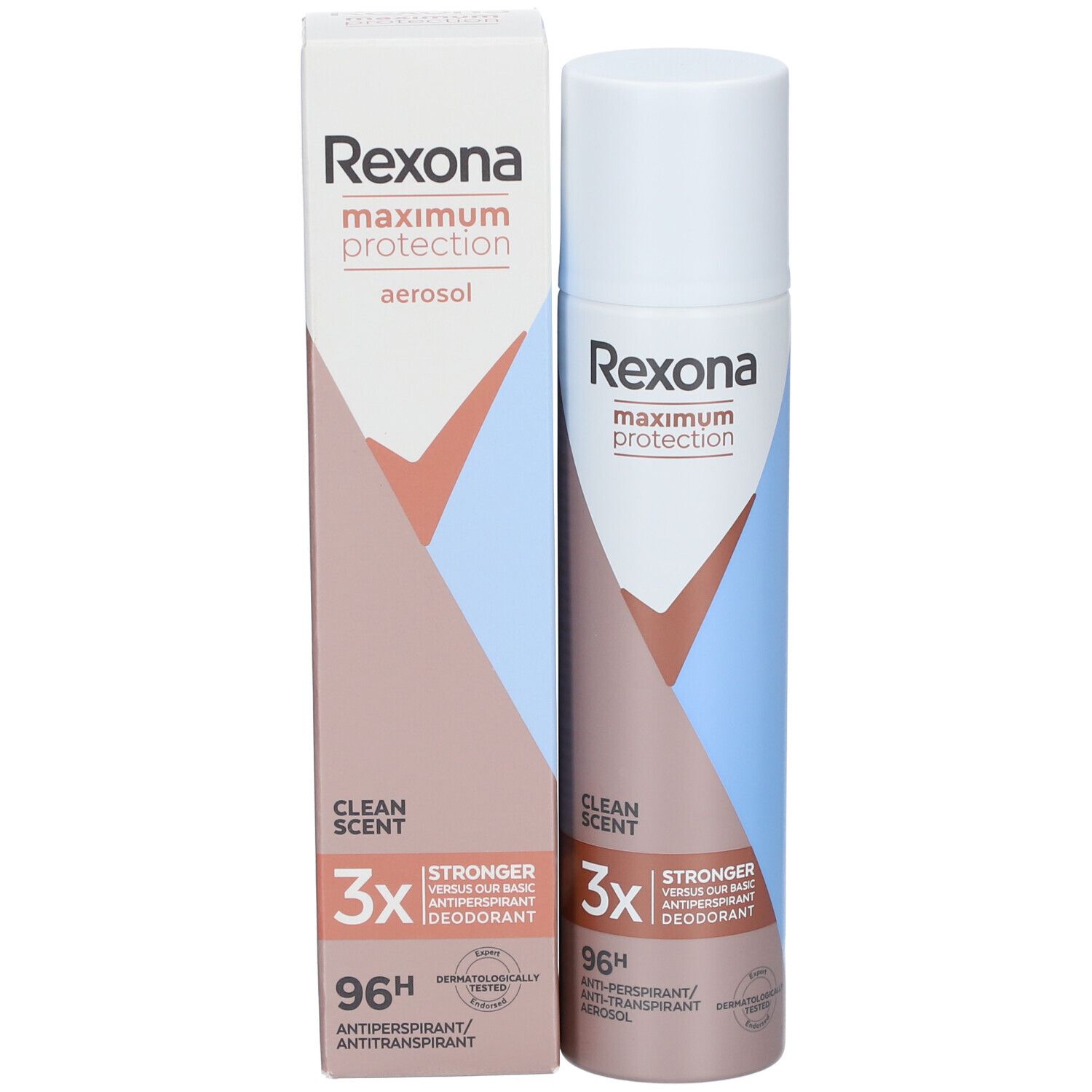 Rexona maximum protection aérosol et emballage. Capuchon blanc, design marron et bleu. Texte : 3X, 96H, anti-transpirant.