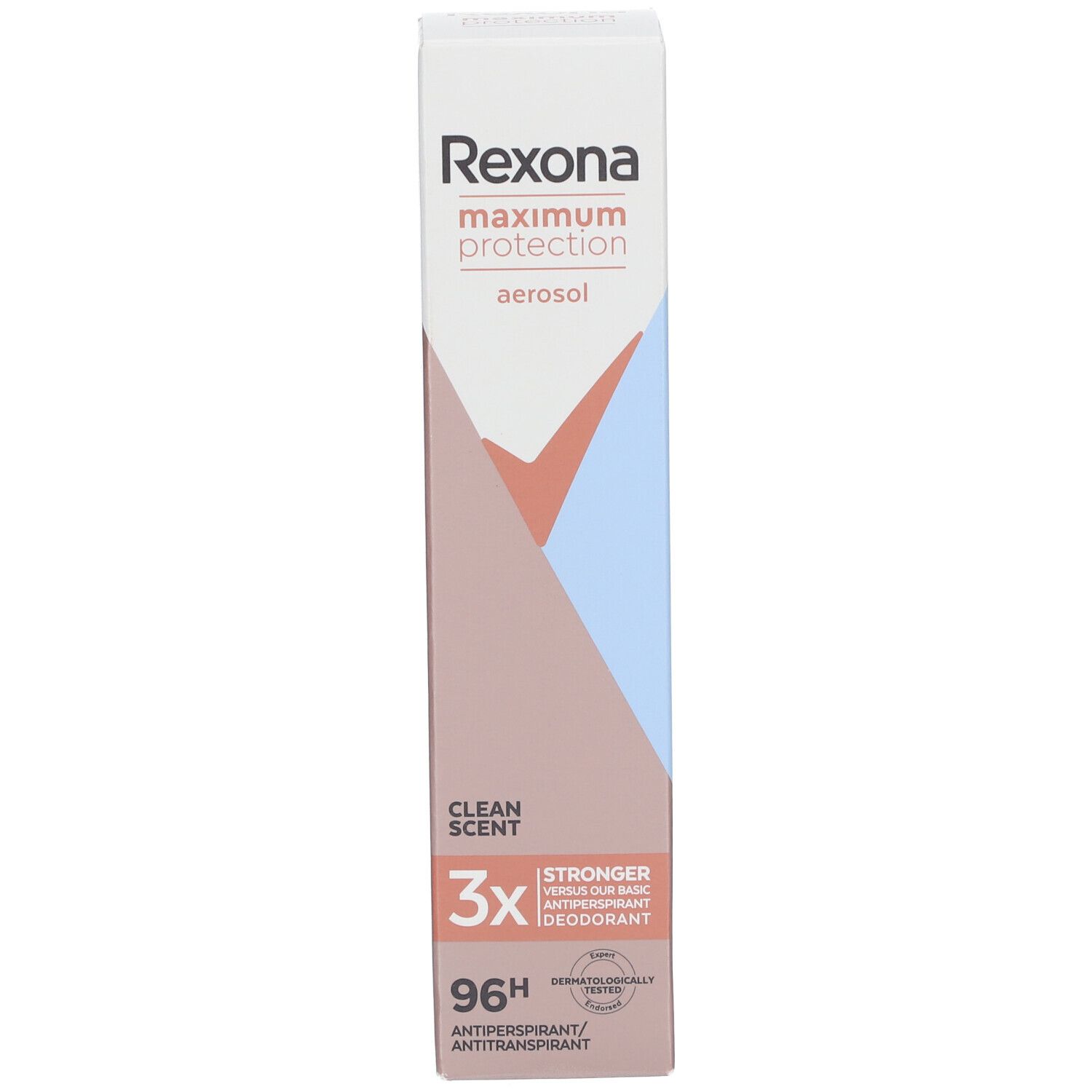 Rexona maximum protection emballage aérosol. Design marron et bleu. Texte : 3X, 96H, anti-transpirant. Aérosol.