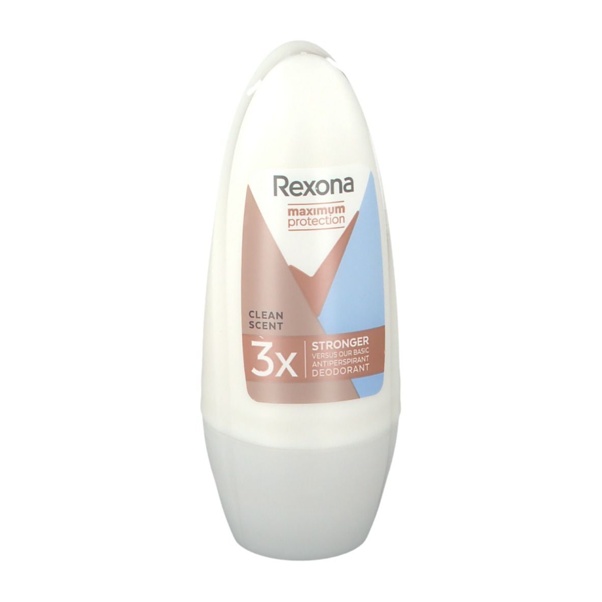 Rexona Maximum Protection Clean Scent roll-on. Witte, ovale houder met blauwe en bruine accenten. Zichtbare opschriften.