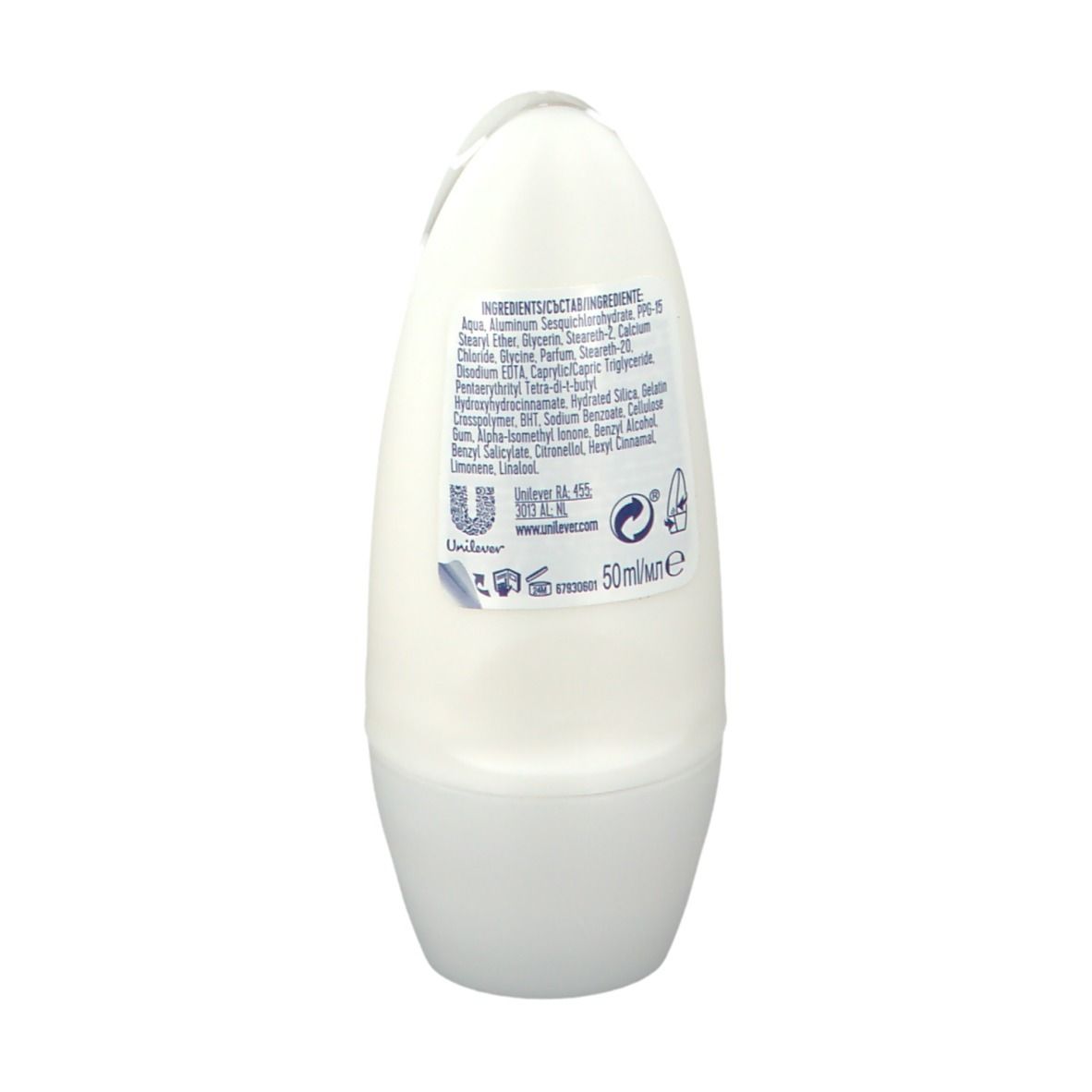 Achterkant van de Rexona Maximum Protection Clean Scent roll-on. Bevat ingrediënten en fabrikantinformatie. 50ml.