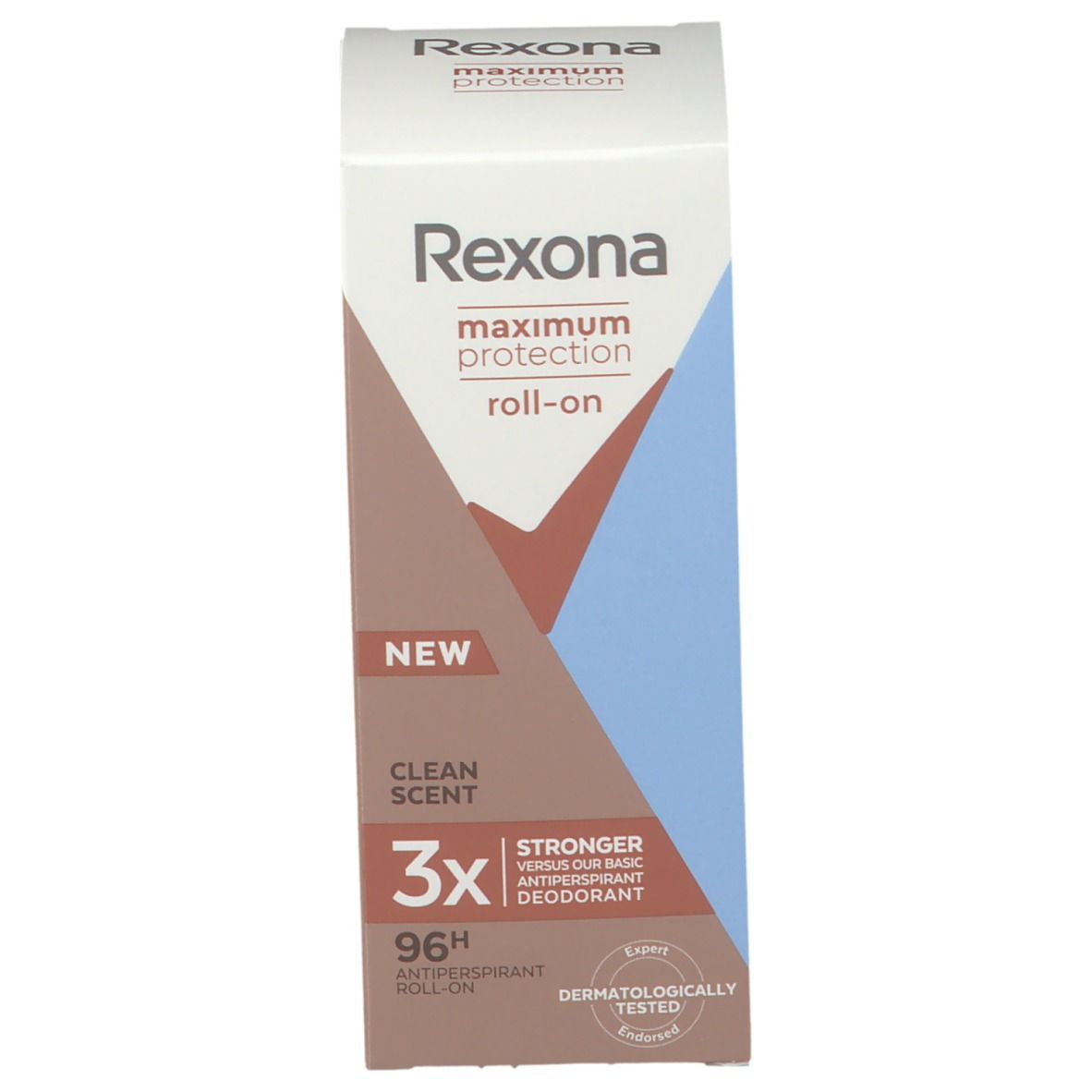 Verpakking van Rexona Maximum Protection roll-on. Wit, met bruine en blauwe accenten. Bevat productinformatie en opschriften.