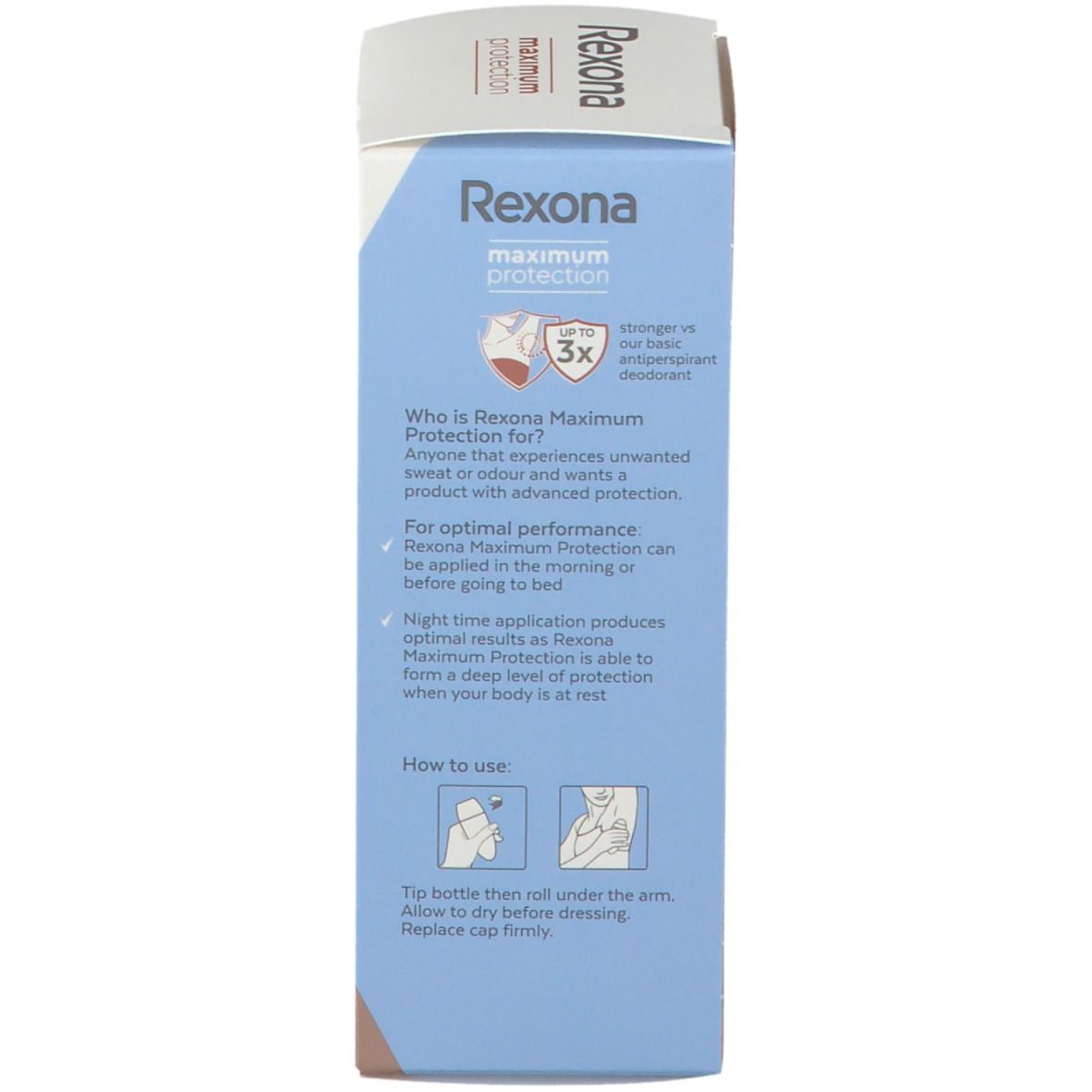 Achterkant van de Rexona Maximum Protection verpakking. Bevat gebruiks- en productinformatie. Blauwe achtergrond.