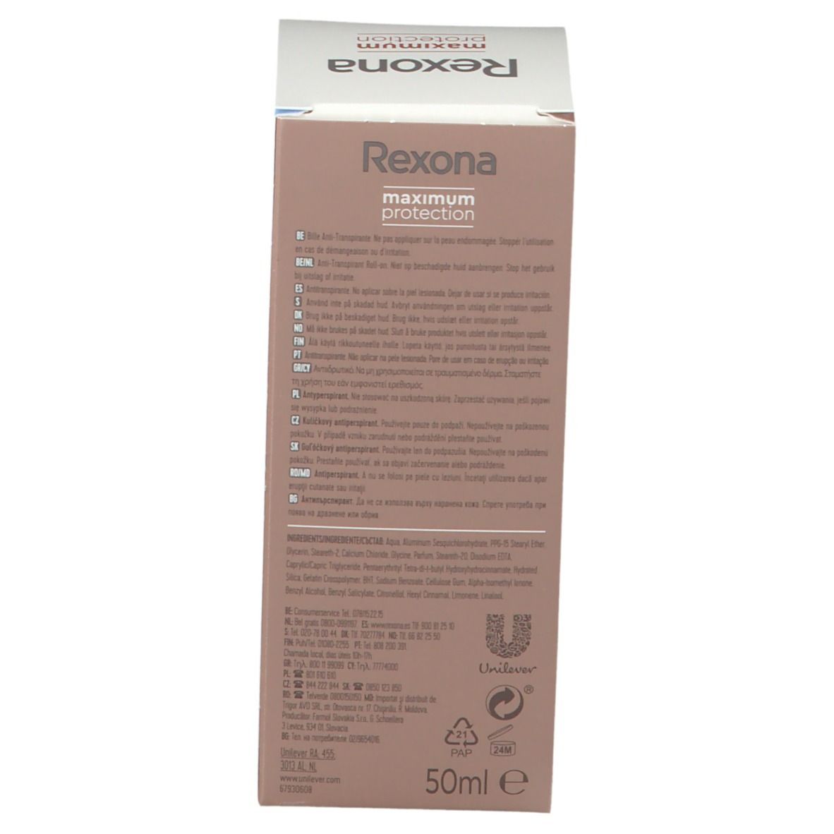 Achterkant van de Rexona Maximum Protection verpakking. Bevat productinformatie in verschillende talen. Bruine achtergrond.