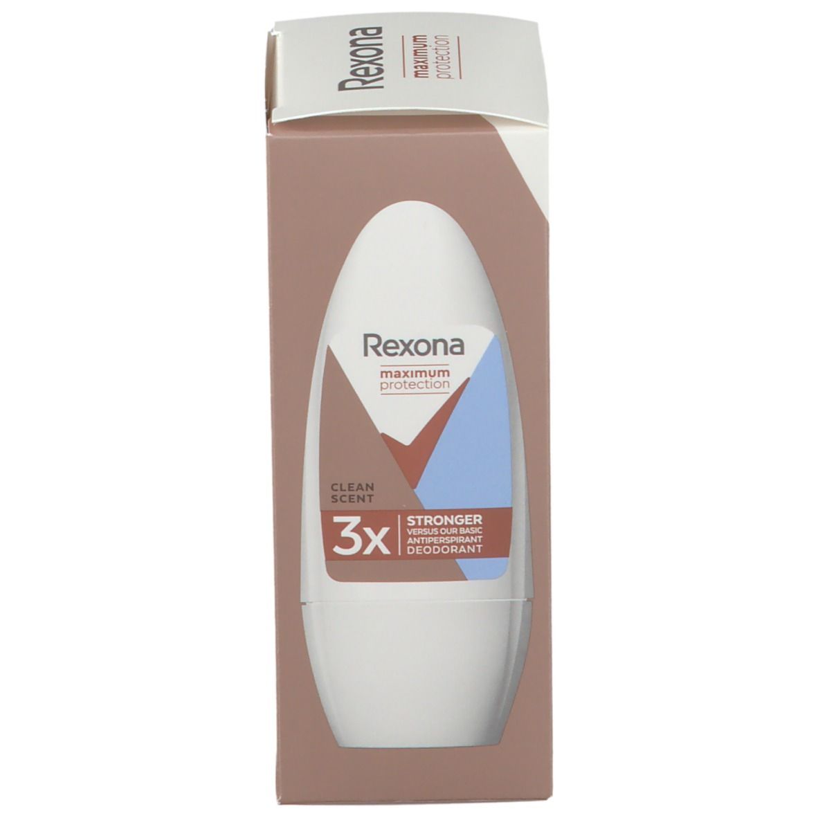 Rexona Maximum Protection Clean Scent roll-on en verpakking. Witte roll-on in de verpakking. Zichtbare opschriften.