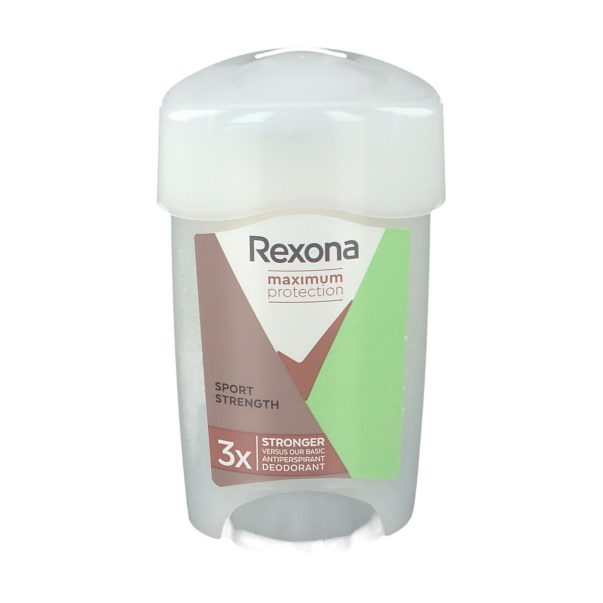 Rexona Maximum Protection Sport Strength deodorant. Witte container met deksel. Logo en productnaam. Groene en bruine accenten.